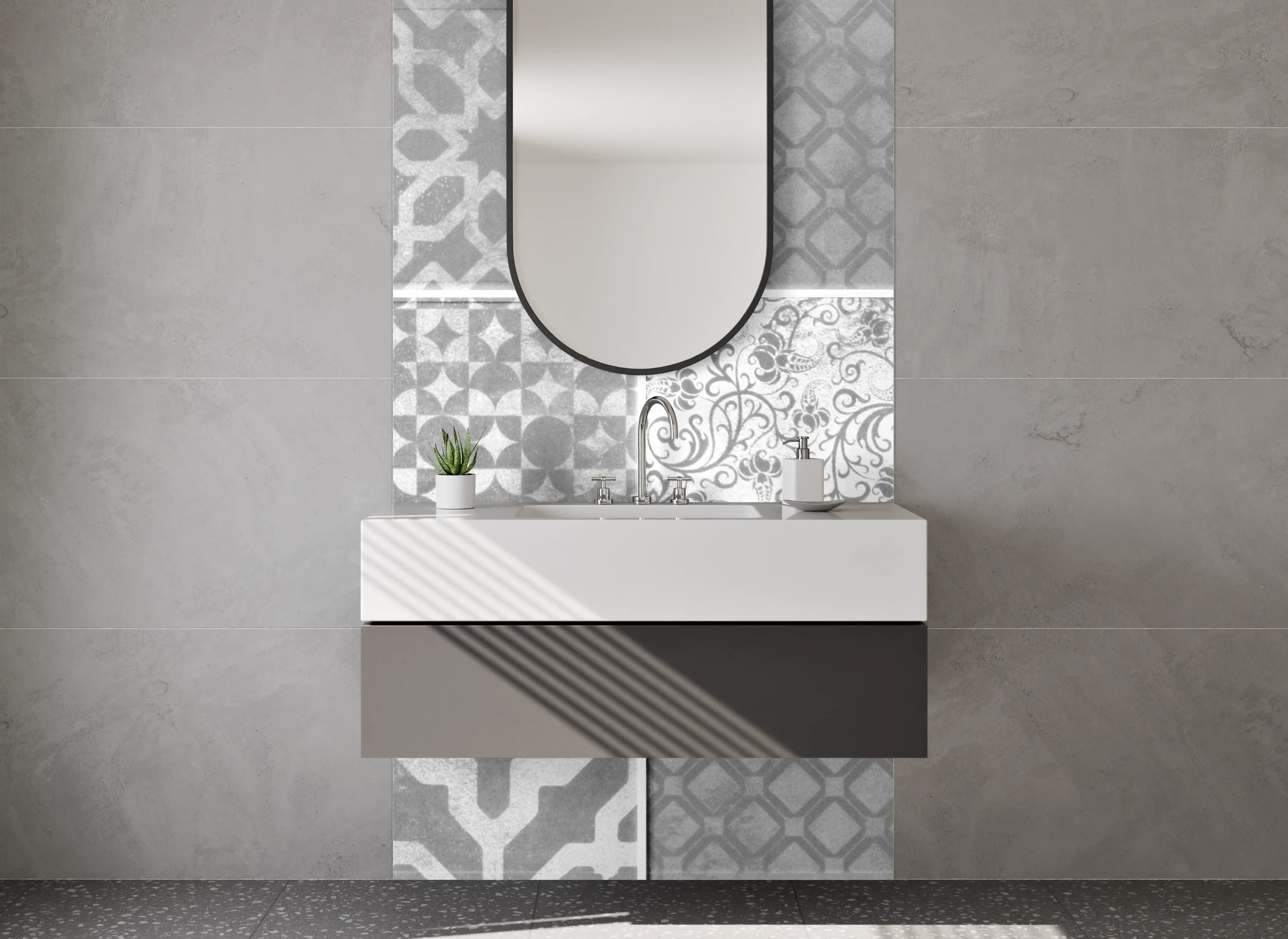 Waschbecken-Rückwand - Fliesenmuster Weiß Grau Vintage Design