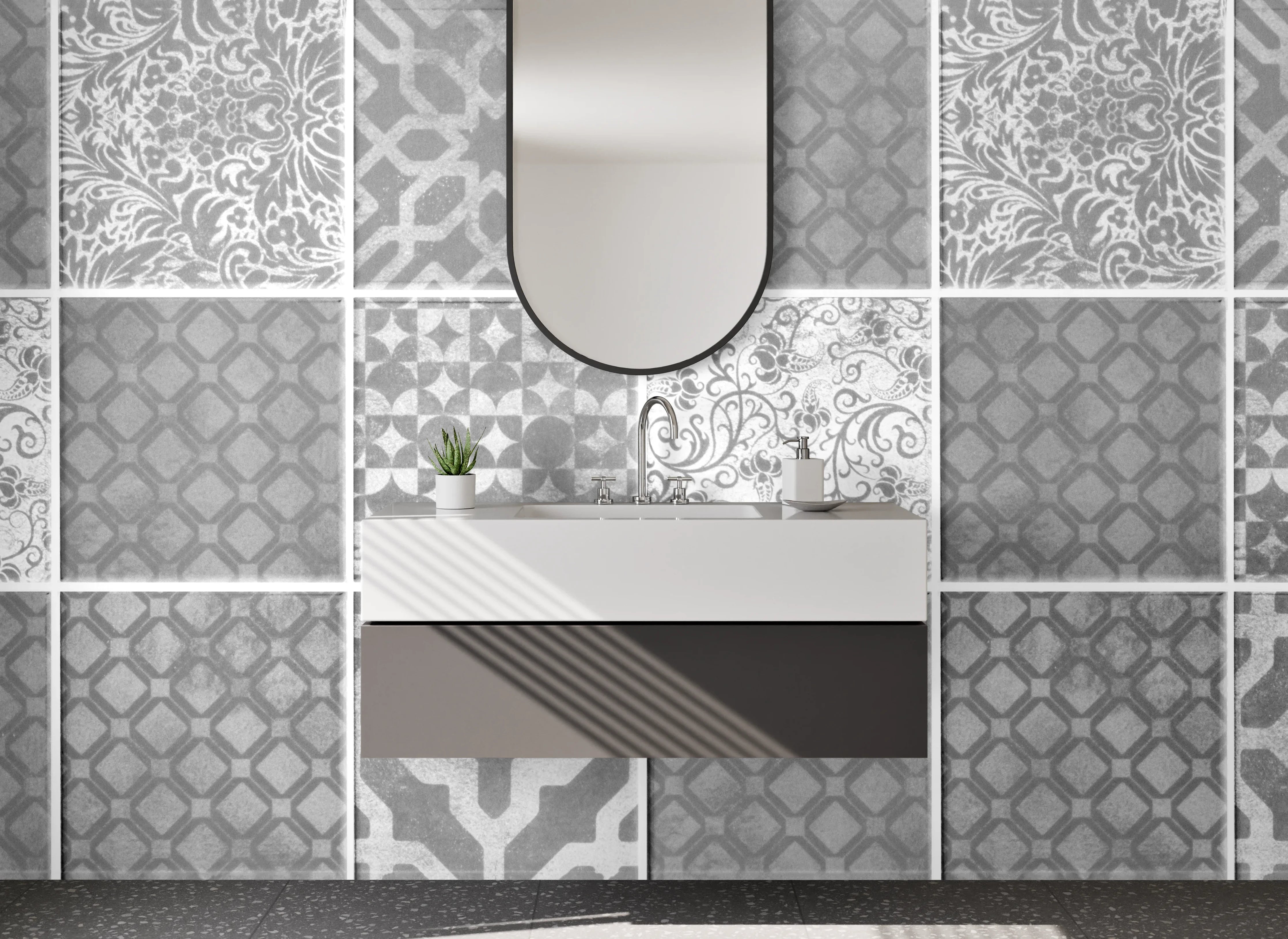 Waschbecken-Rückwand - Fliesenmuster Weiß Grau Vintage Design
