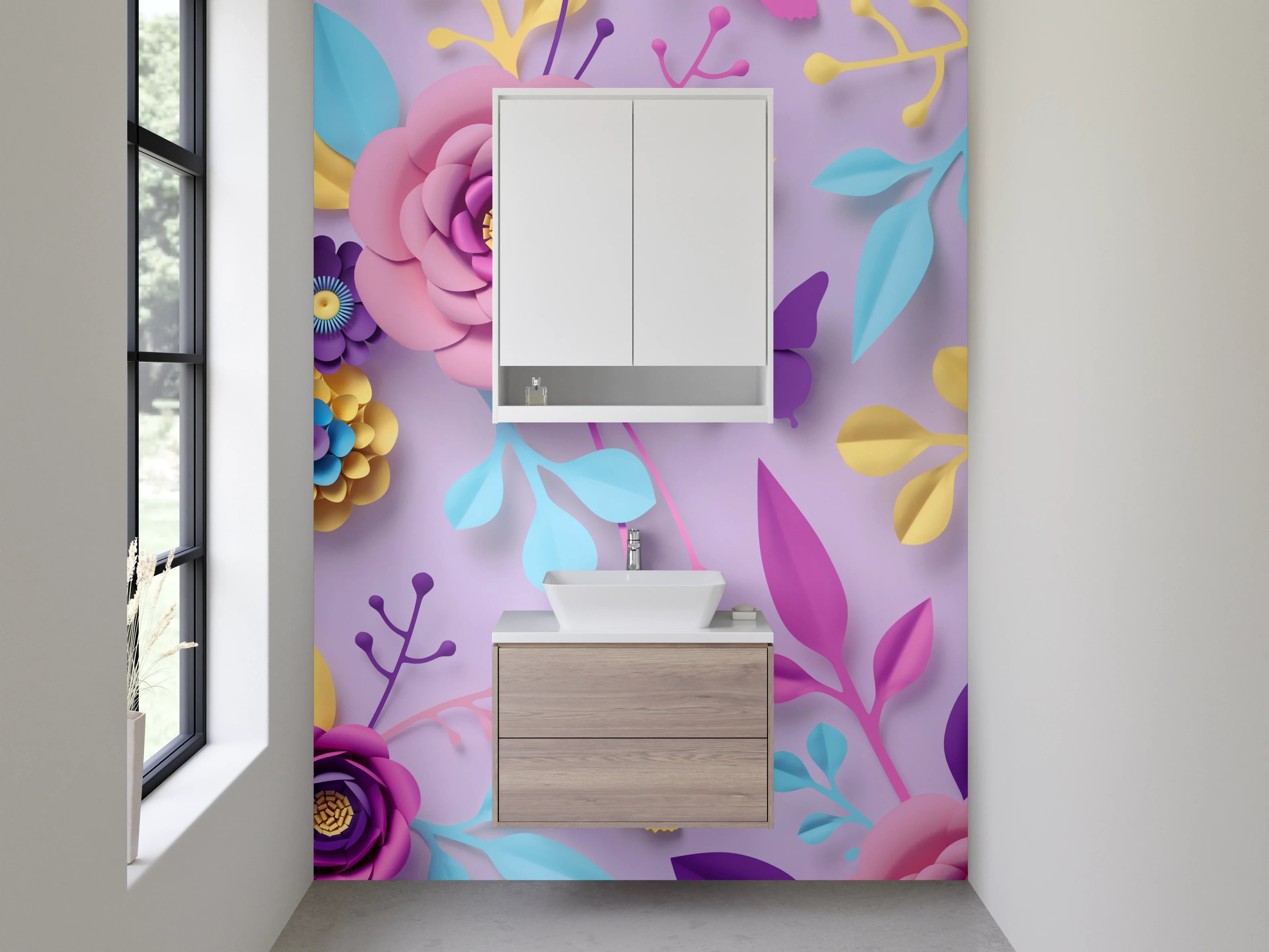 Waschbecken-Rückwand - Florale 3D-Papierkunst in Pastell