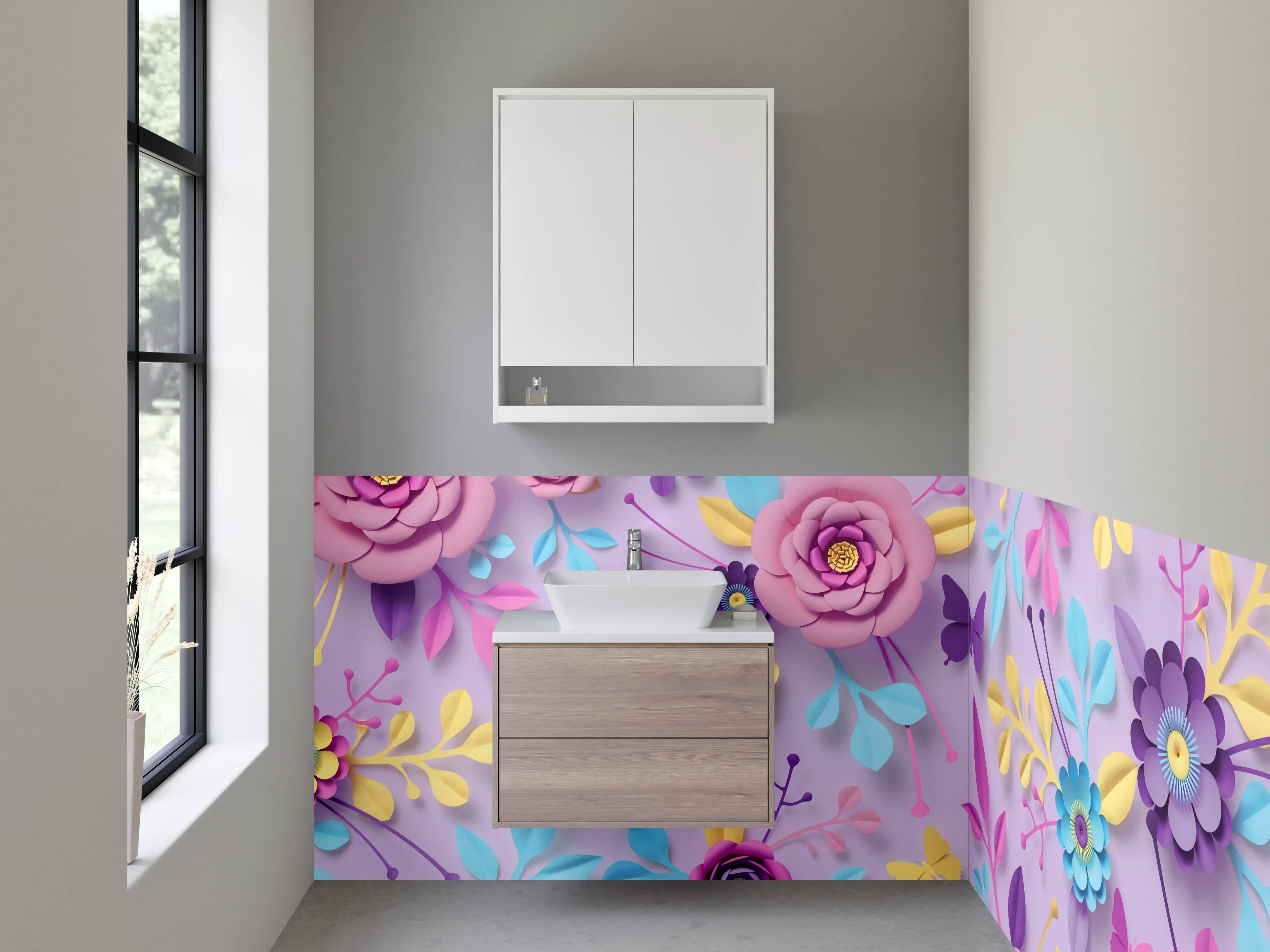 Waschbecken-Rückwand - Florale 3D-Papierkunst in Pastell
