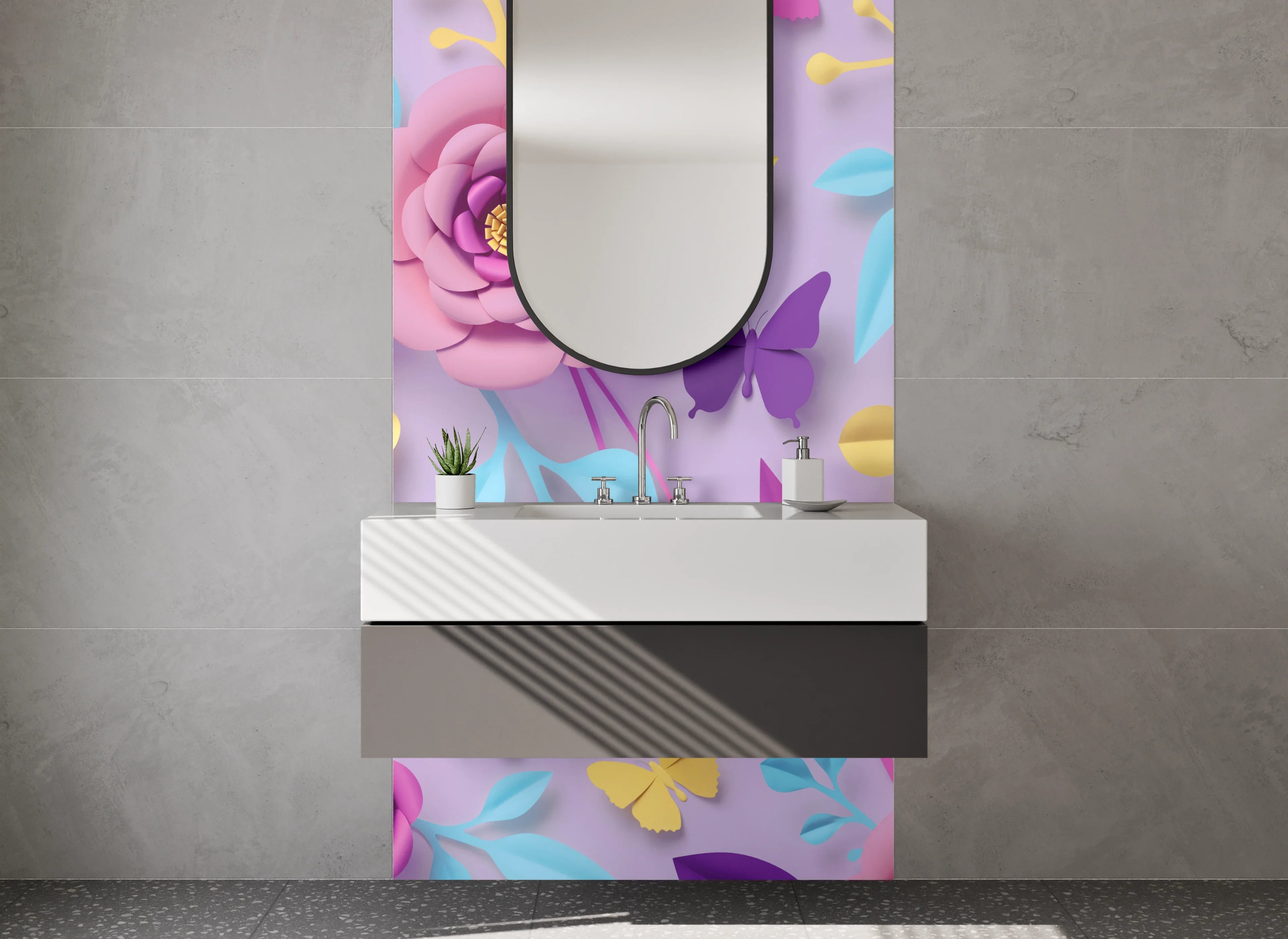Waschbecken-Rückwand - Florale 3D-Papierkunst in Pastell