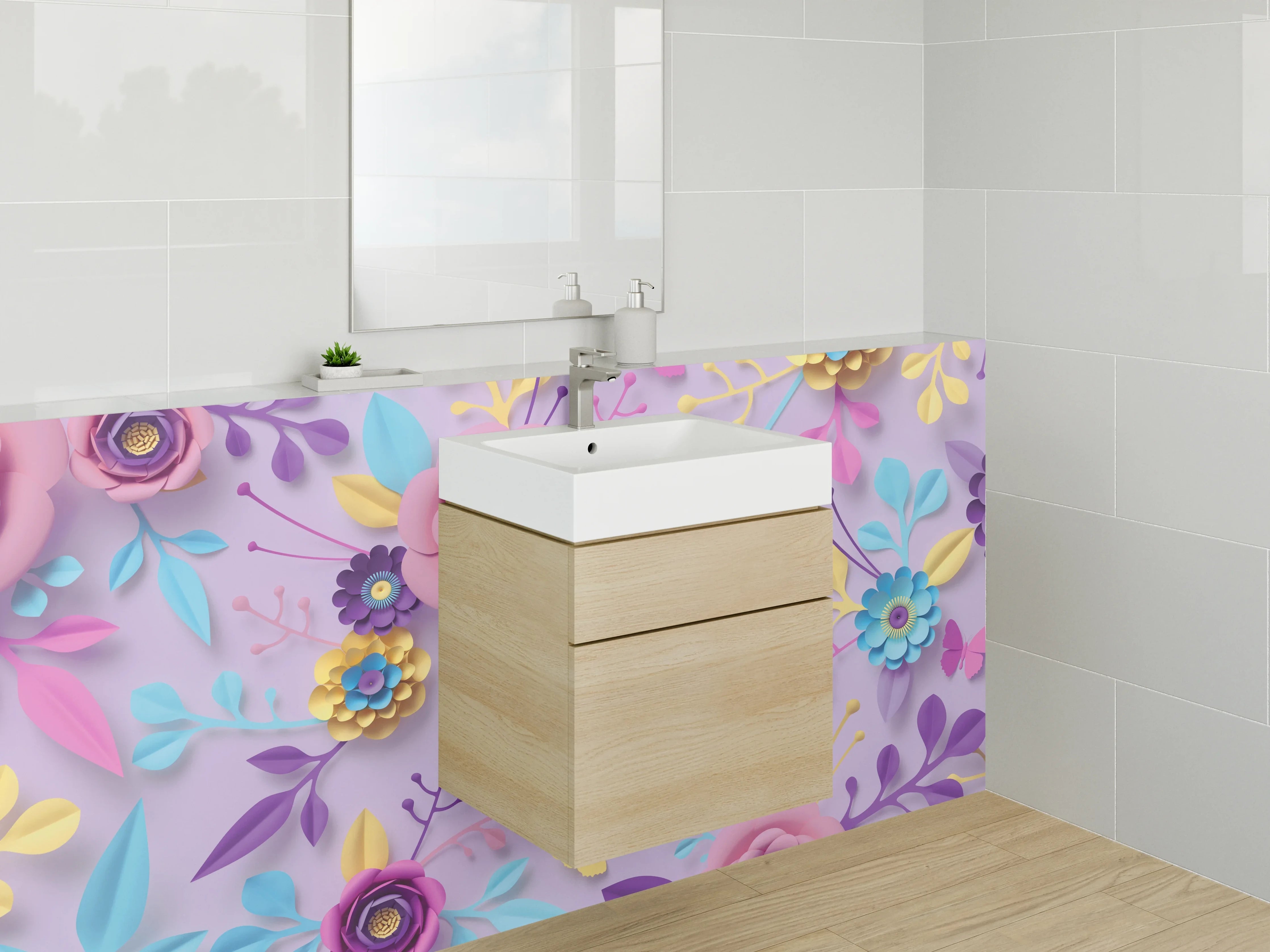 Waschbecken-Rückwand - Florale 3D-Papierkunst in Pastell