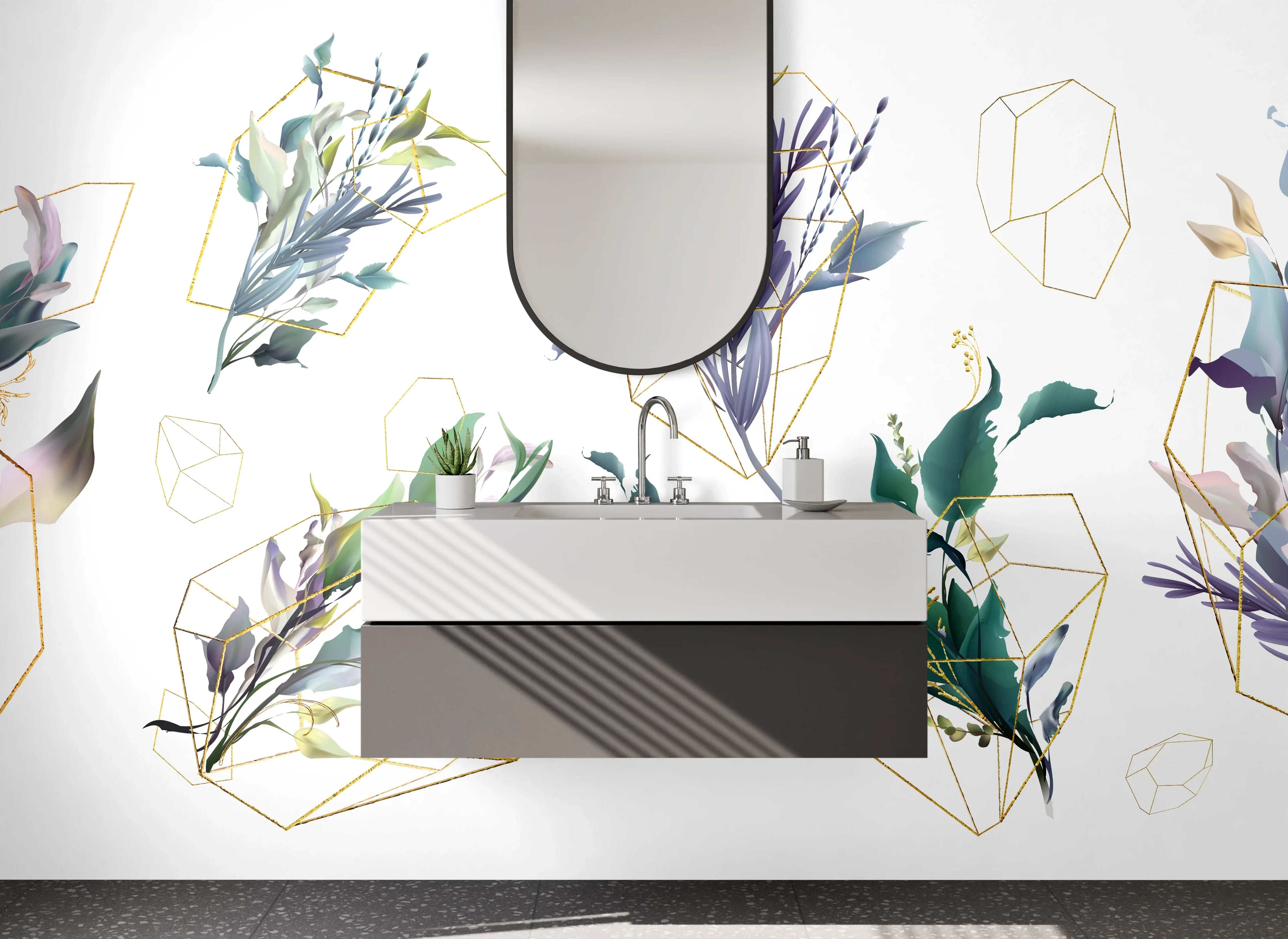 Waschbecken-Rückwand - Florale Aquarell-Illustration mit Goldgeometrie