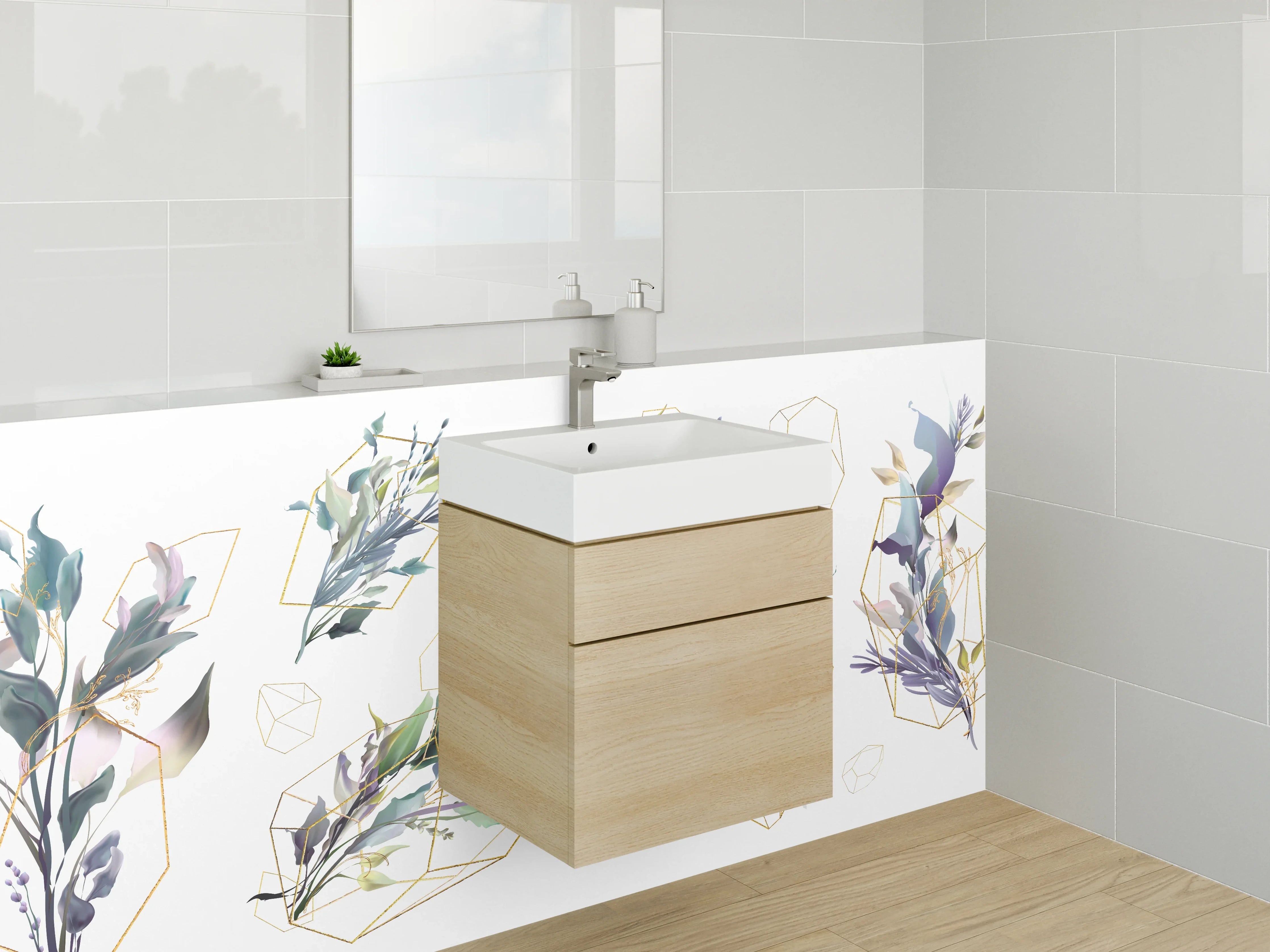 Waschbecken-Rückwand - Florale Aquarell-Illustration mit Goldgeometrie