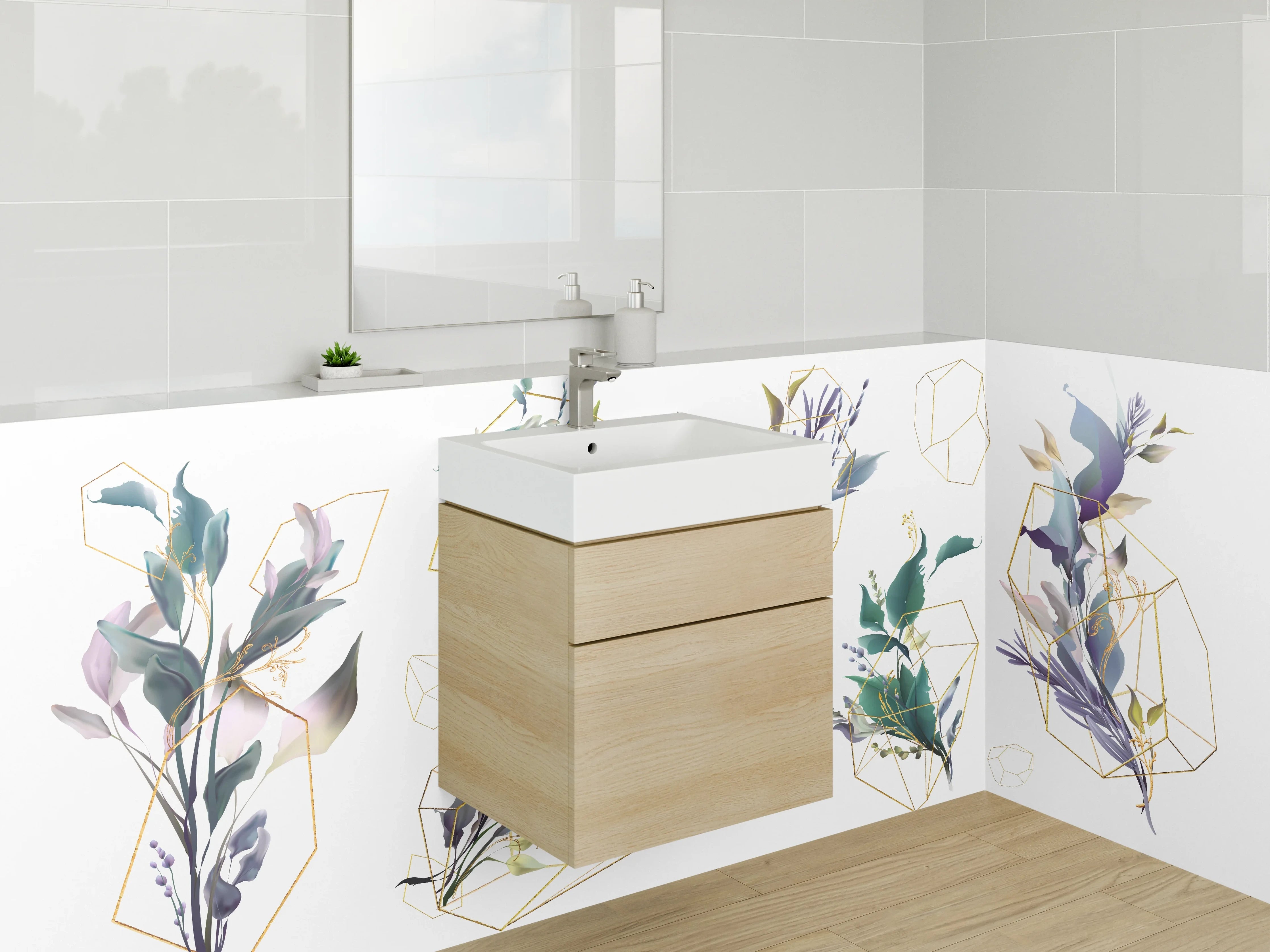 Waschbecken-Rückwand - Florale Aquarell-Illustration mit Goldgeometrie
