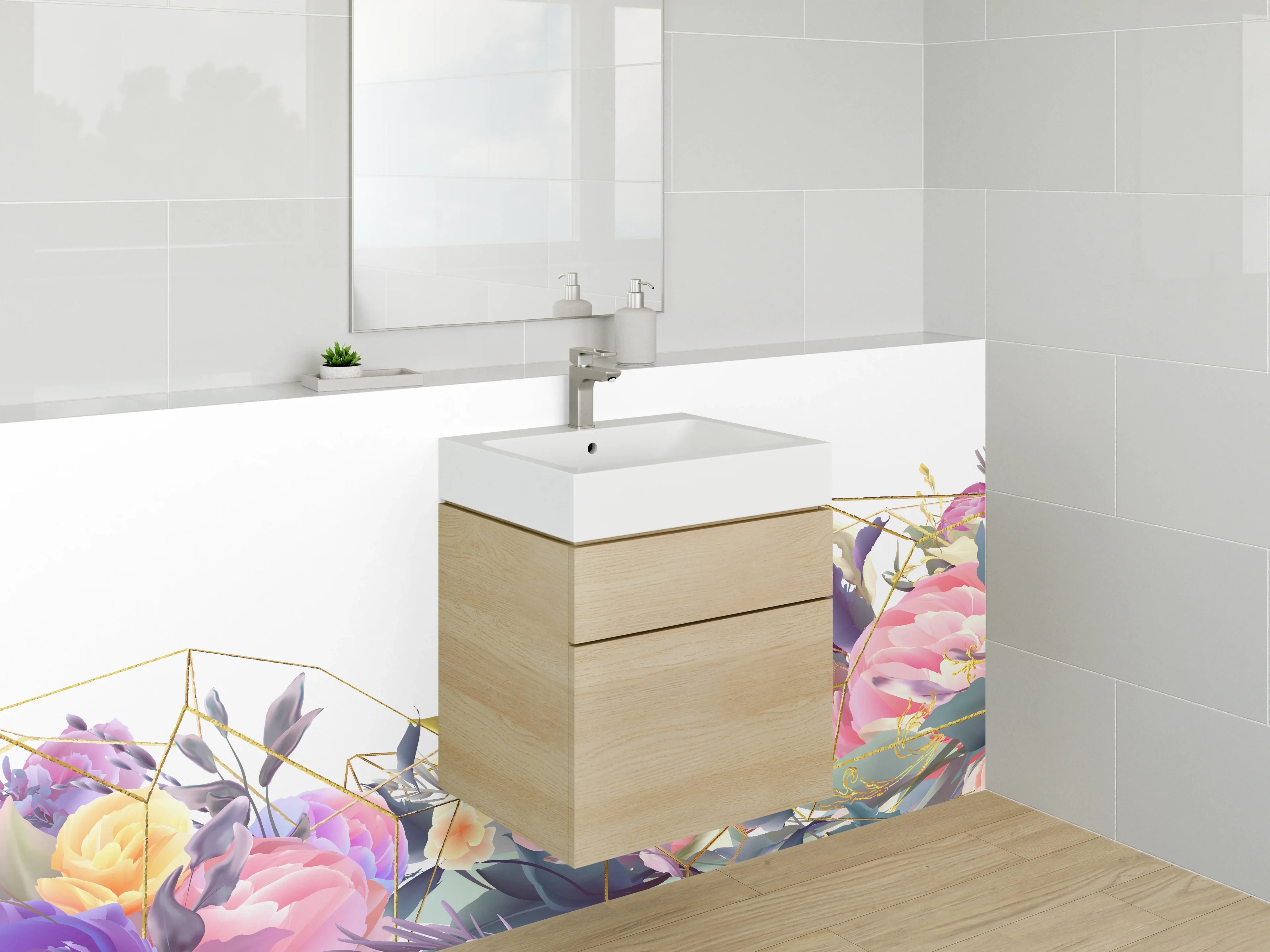 Waschbecken-Rückwand - Florale Aquarellkunst mit Gold-Details
