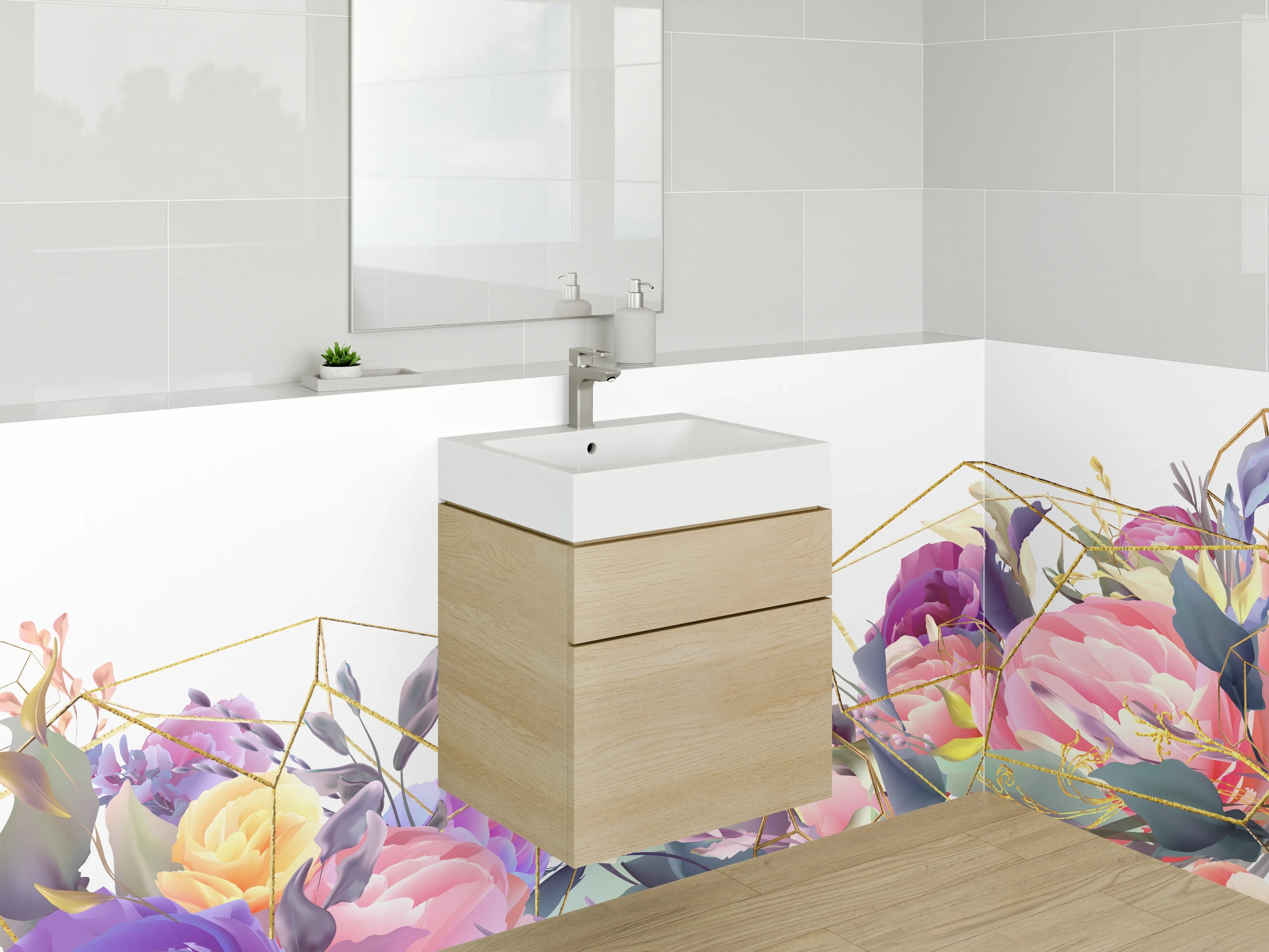 Waschbecken-Rückwand - Florale Aquarellkunst mit Gold-Details