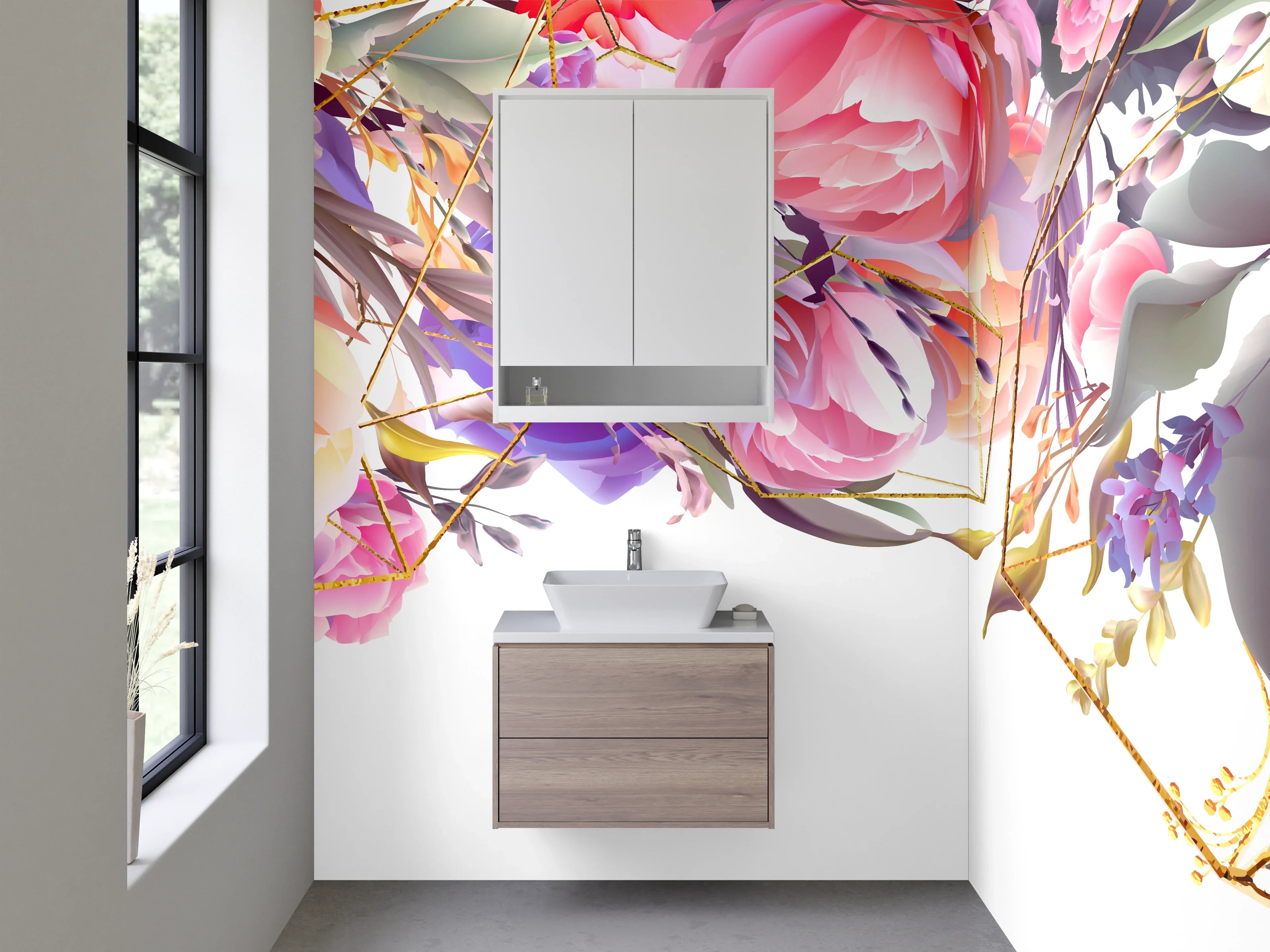 Waschbecken-Rückwand - Florale Aquarellkunst mit Goldlinien