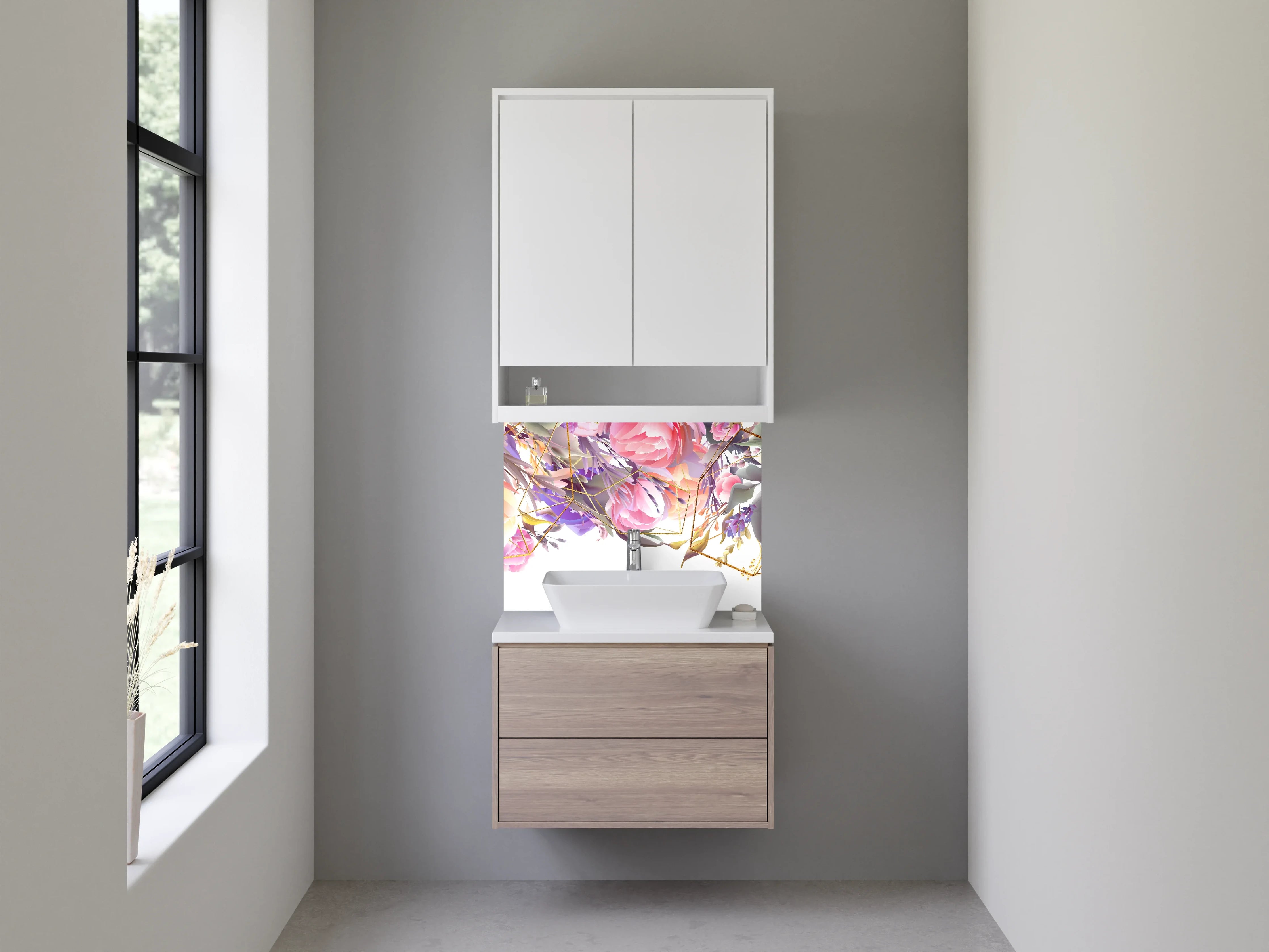 Waschbecken-Rückwand - Florale Aquarellkunst mit Goldlinien