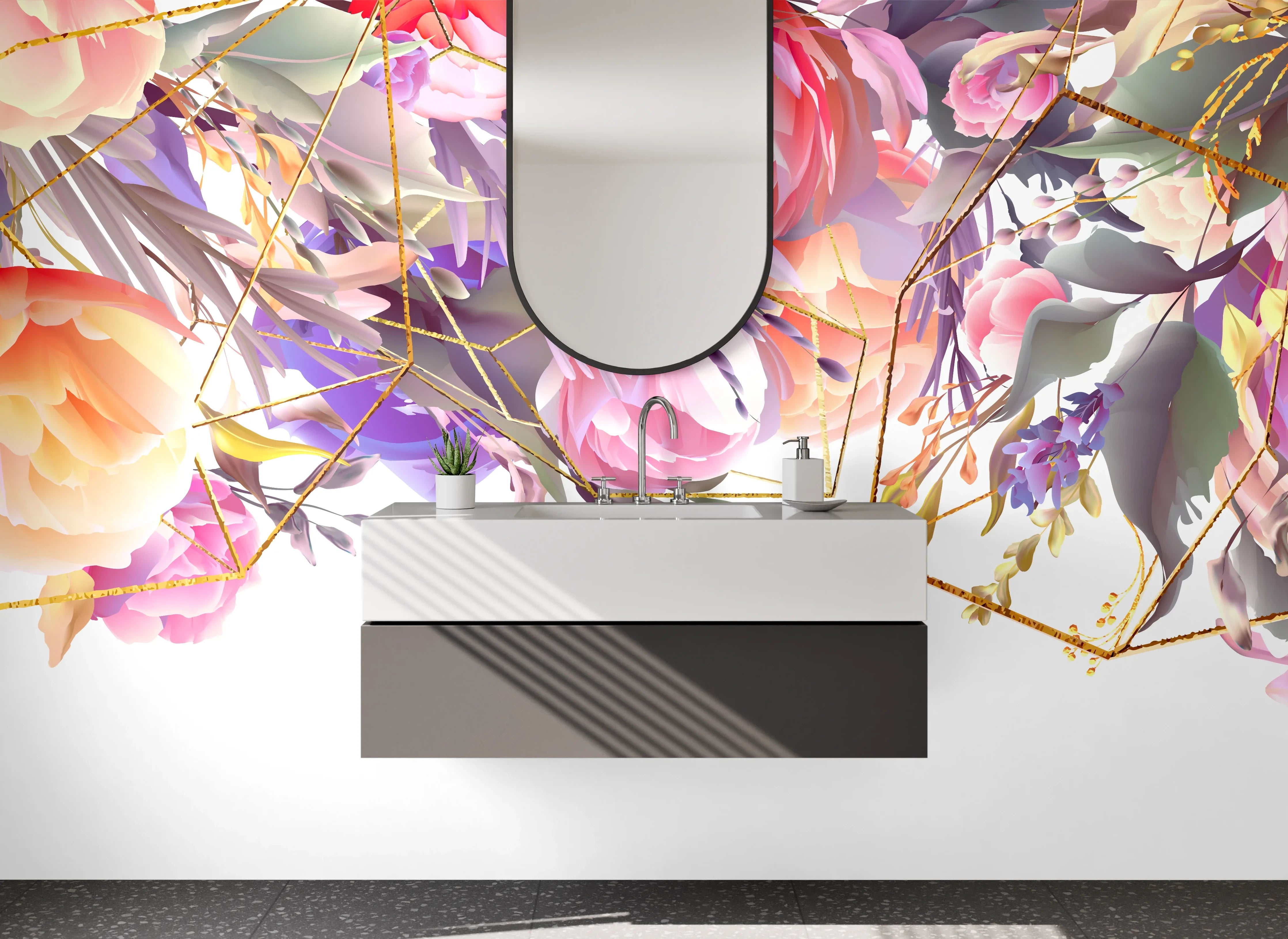 Waschbecken-Rückwand - Florale Aquarellkunst mit Goldlinien
