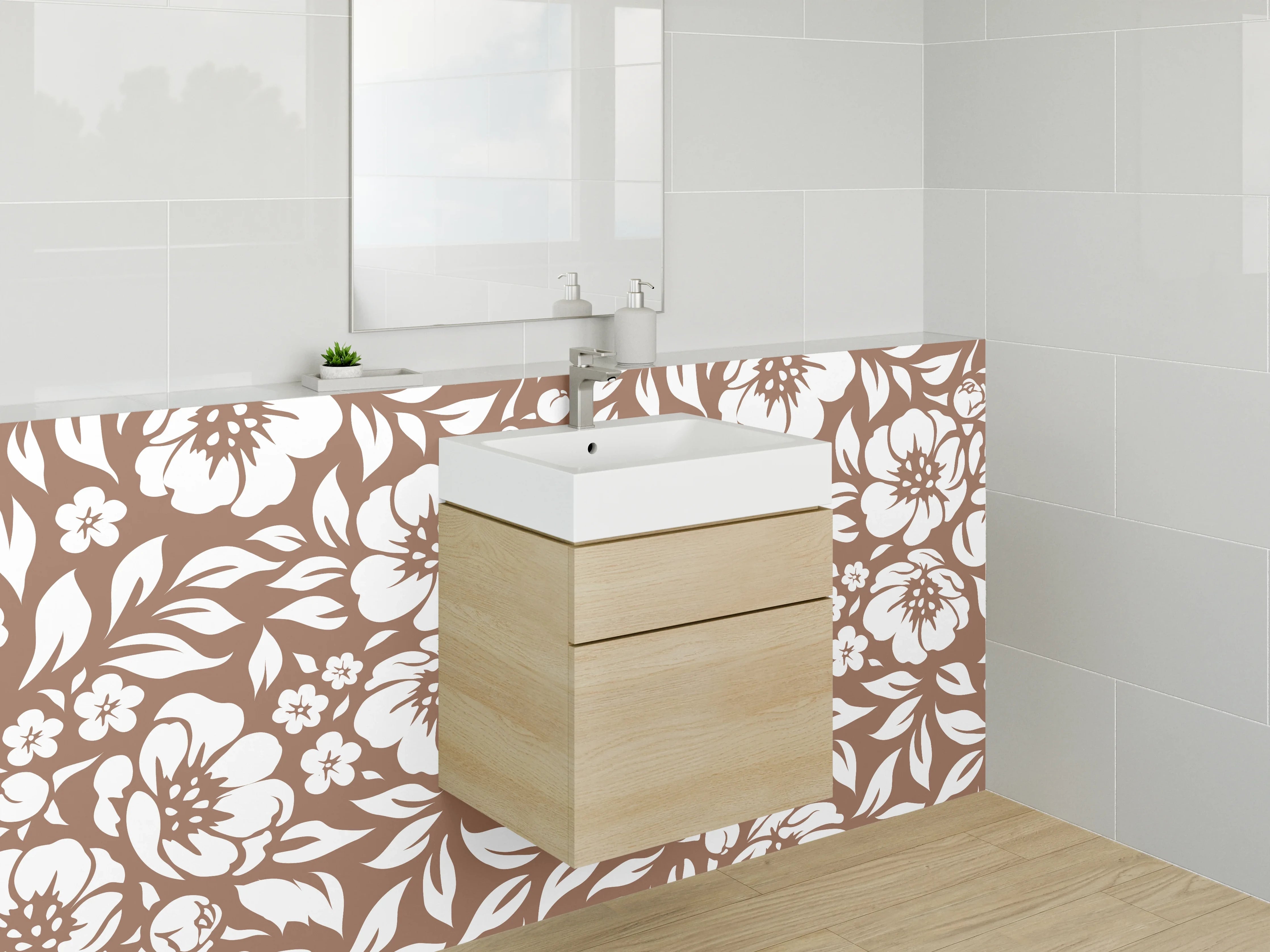 Waschbecken-Rückwand - Florale Blütenpracht in Braun-Grau
