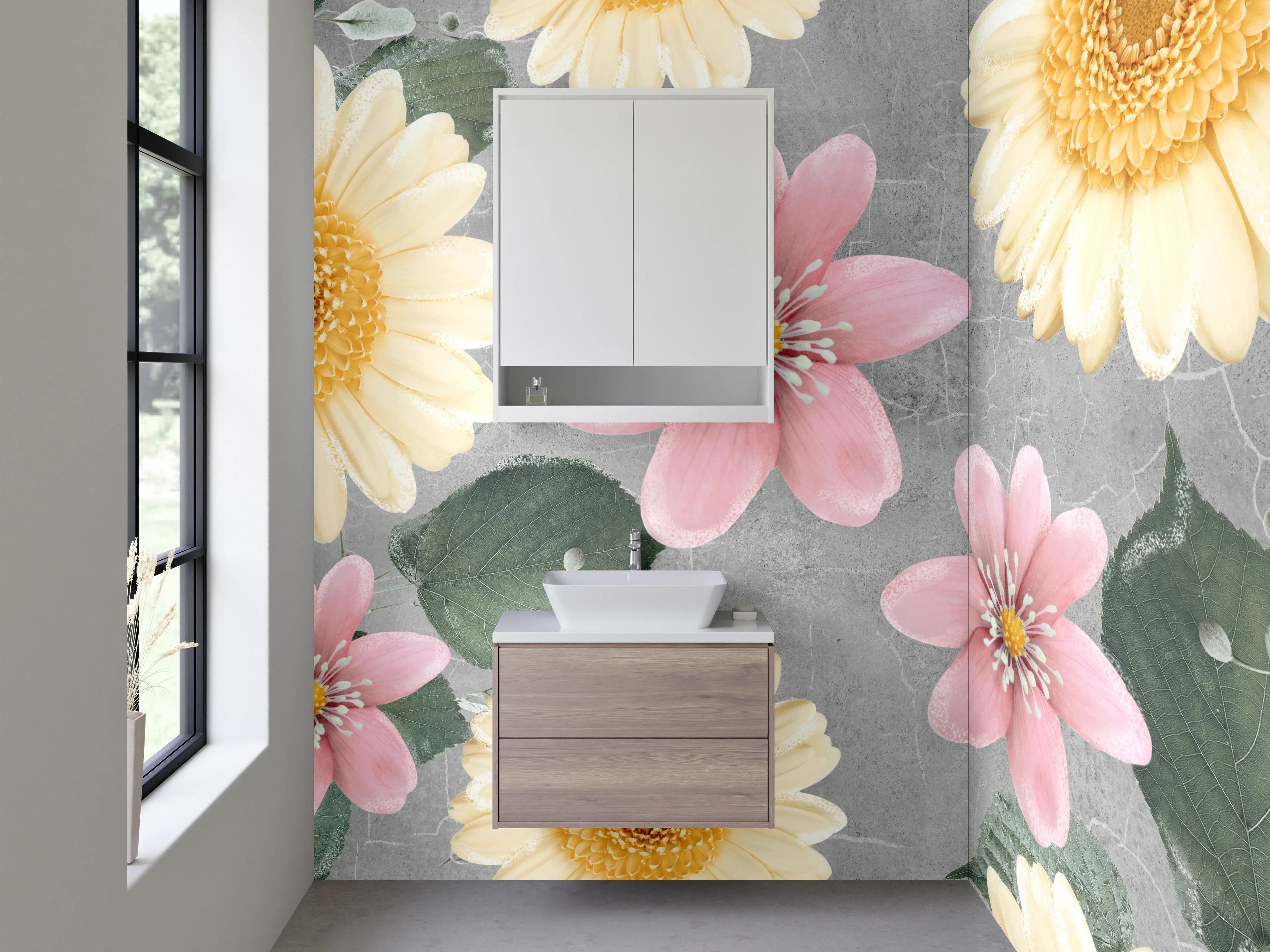 Waschbecken-Rückwand - Florale Eleganz auf grauem Grund