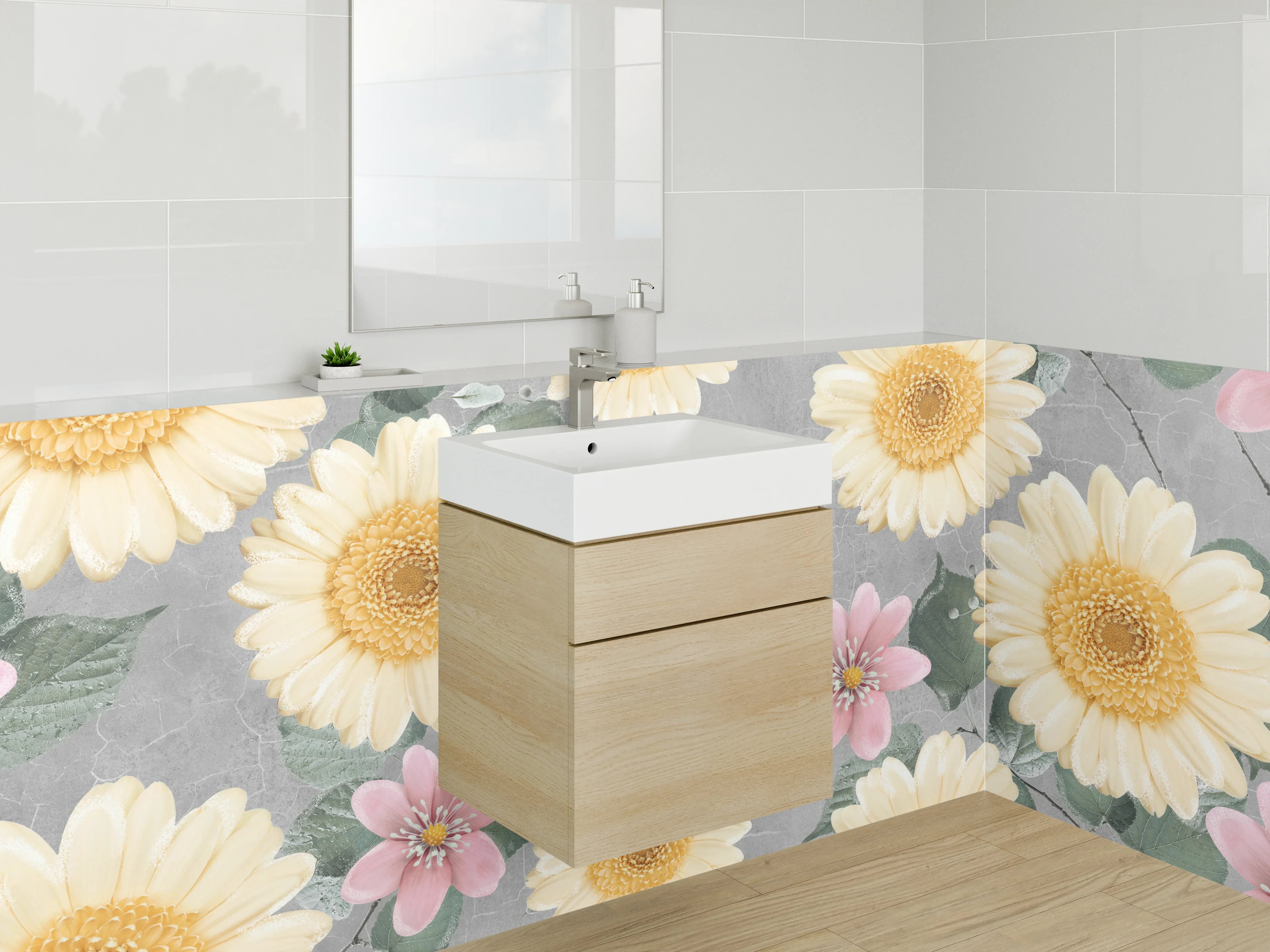 Waschbecken-Rückwand - Florale Eleganz auf grauem Grund