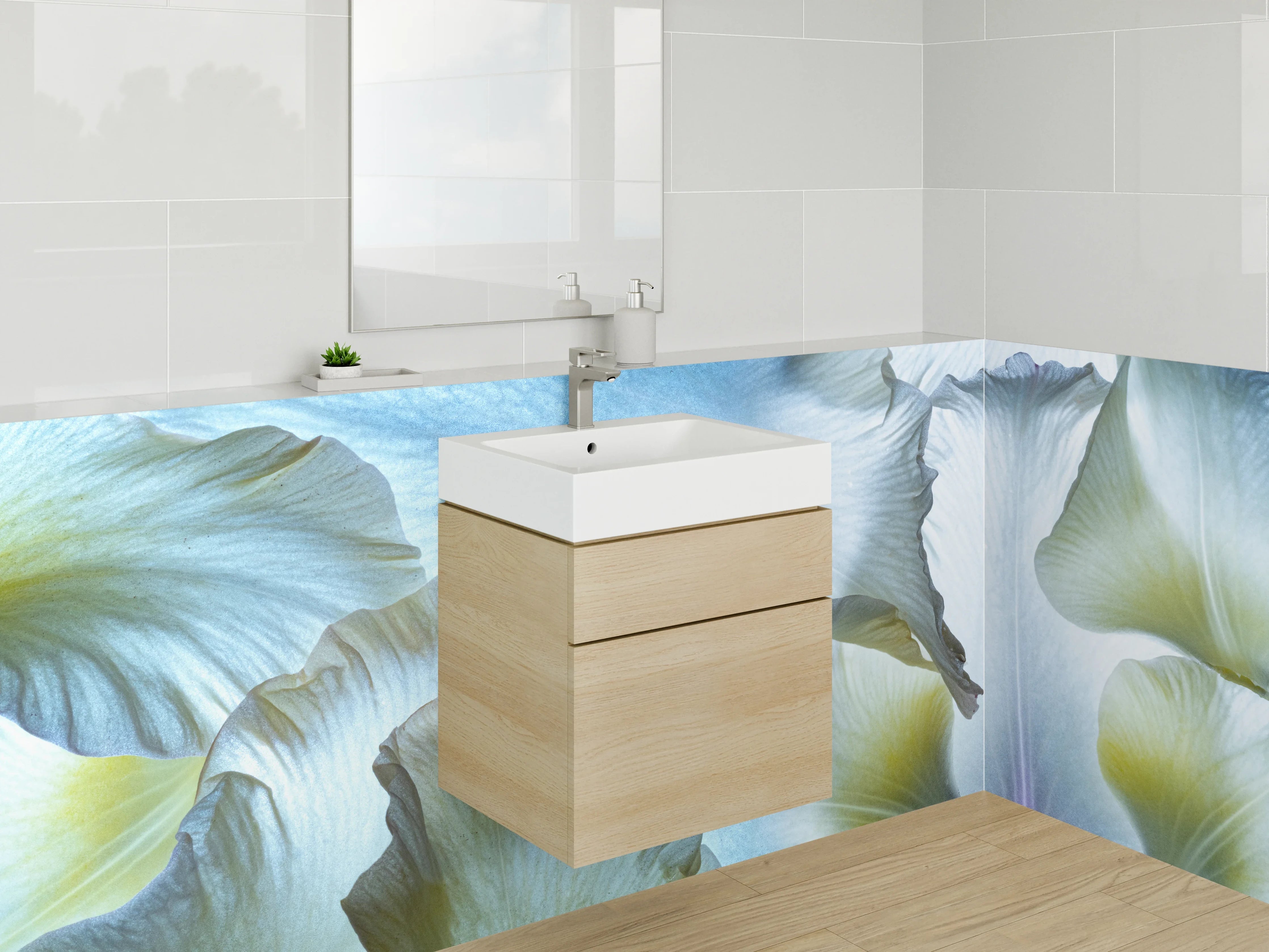 Waschbecken-Rückwand - Florale Eleganz in Pastellblau