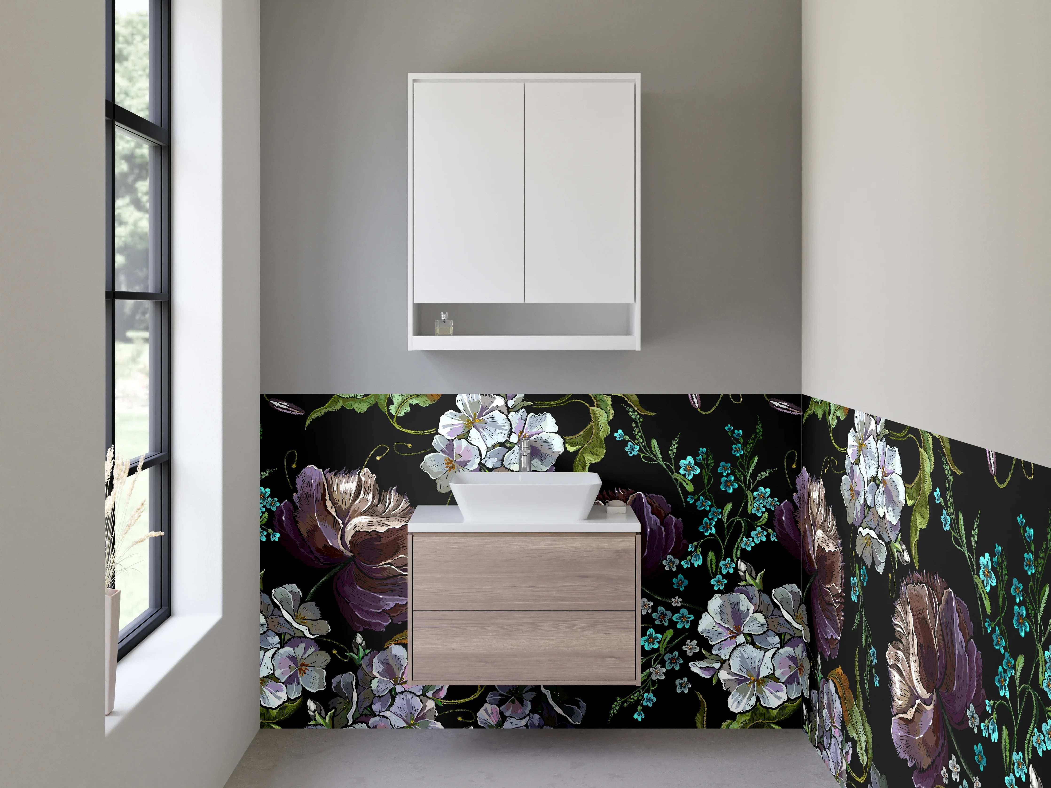 Waschbecken-Rückwand - Florale Kunst Blumen Schwarz