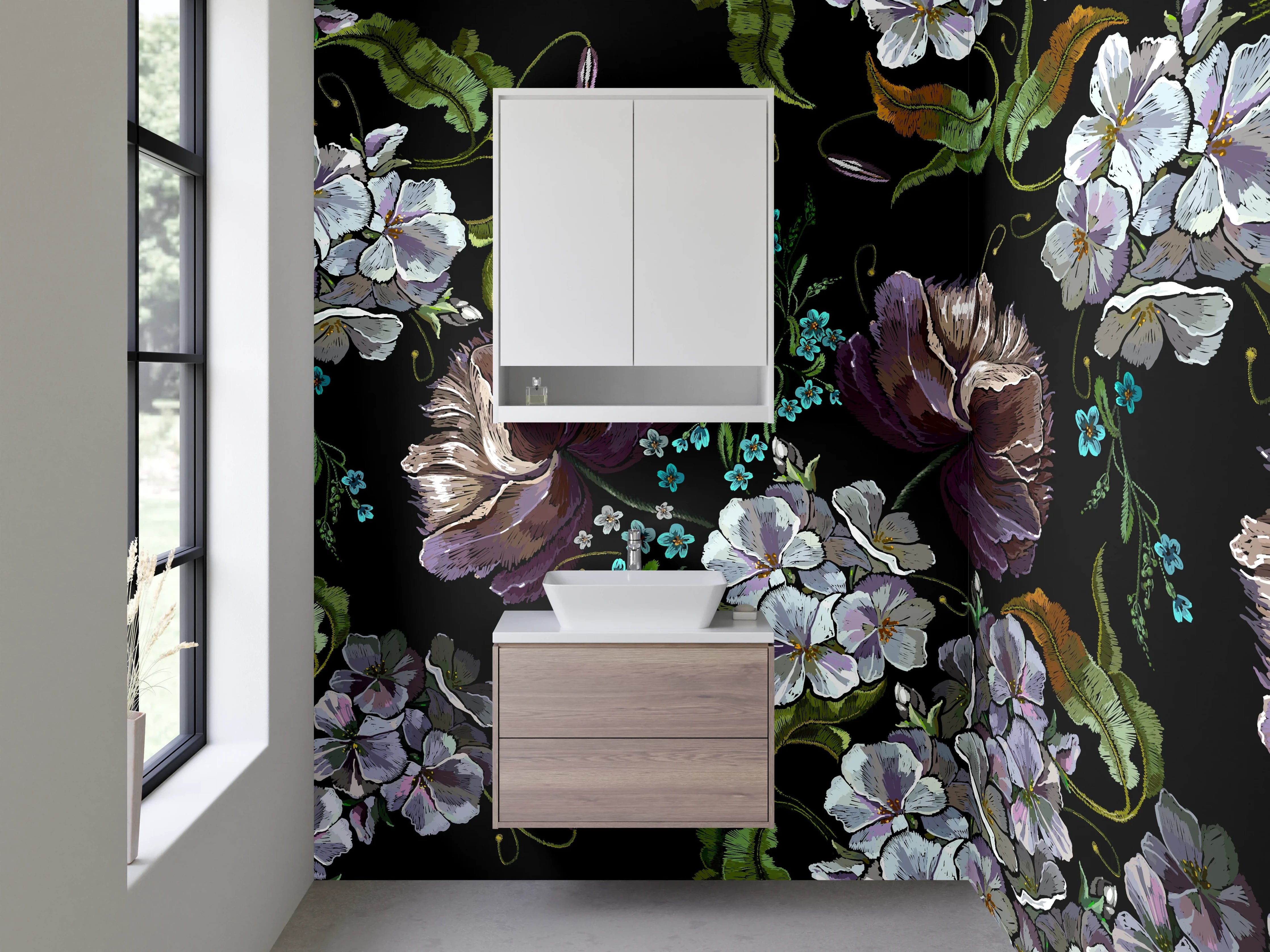 Waschbecken-Rückwand - Florale Kunst Blumen Schwarz