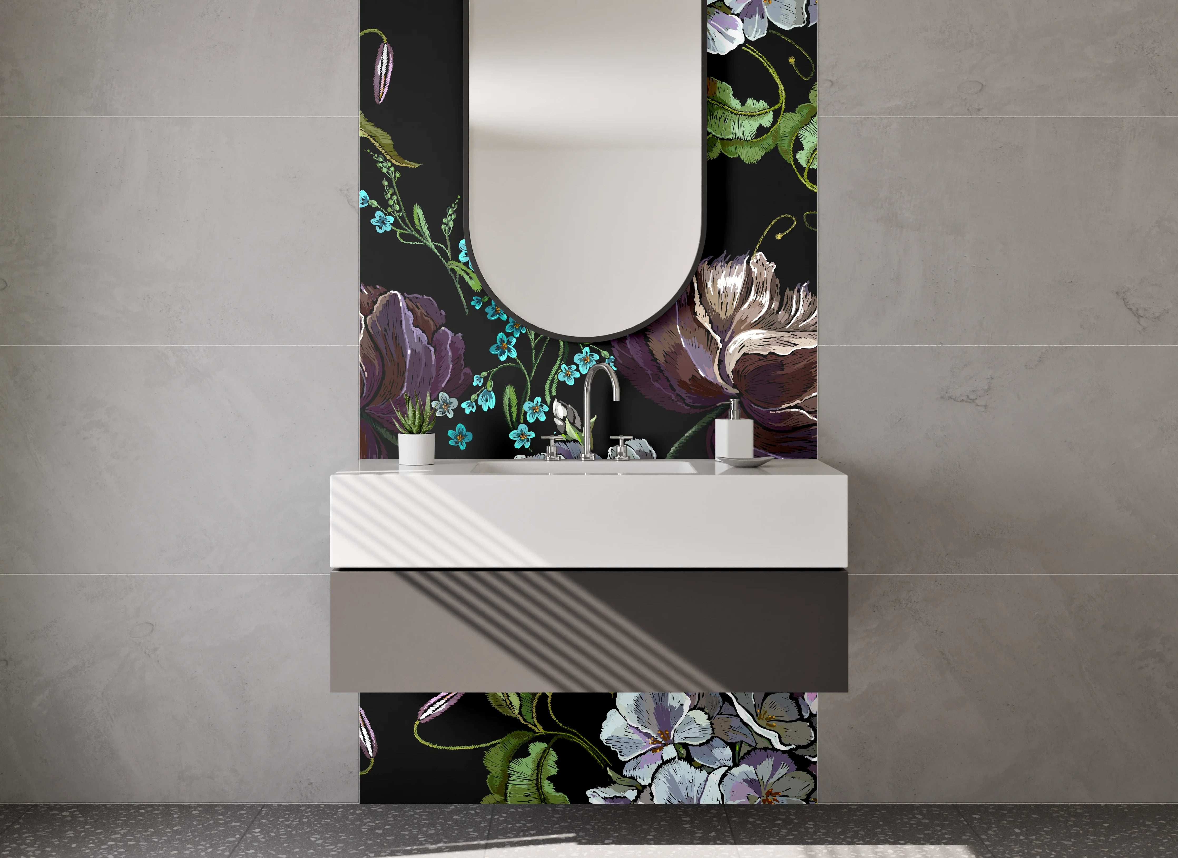 Waschbecken-Rückwand - Florale Kunst Blumen Schwarz