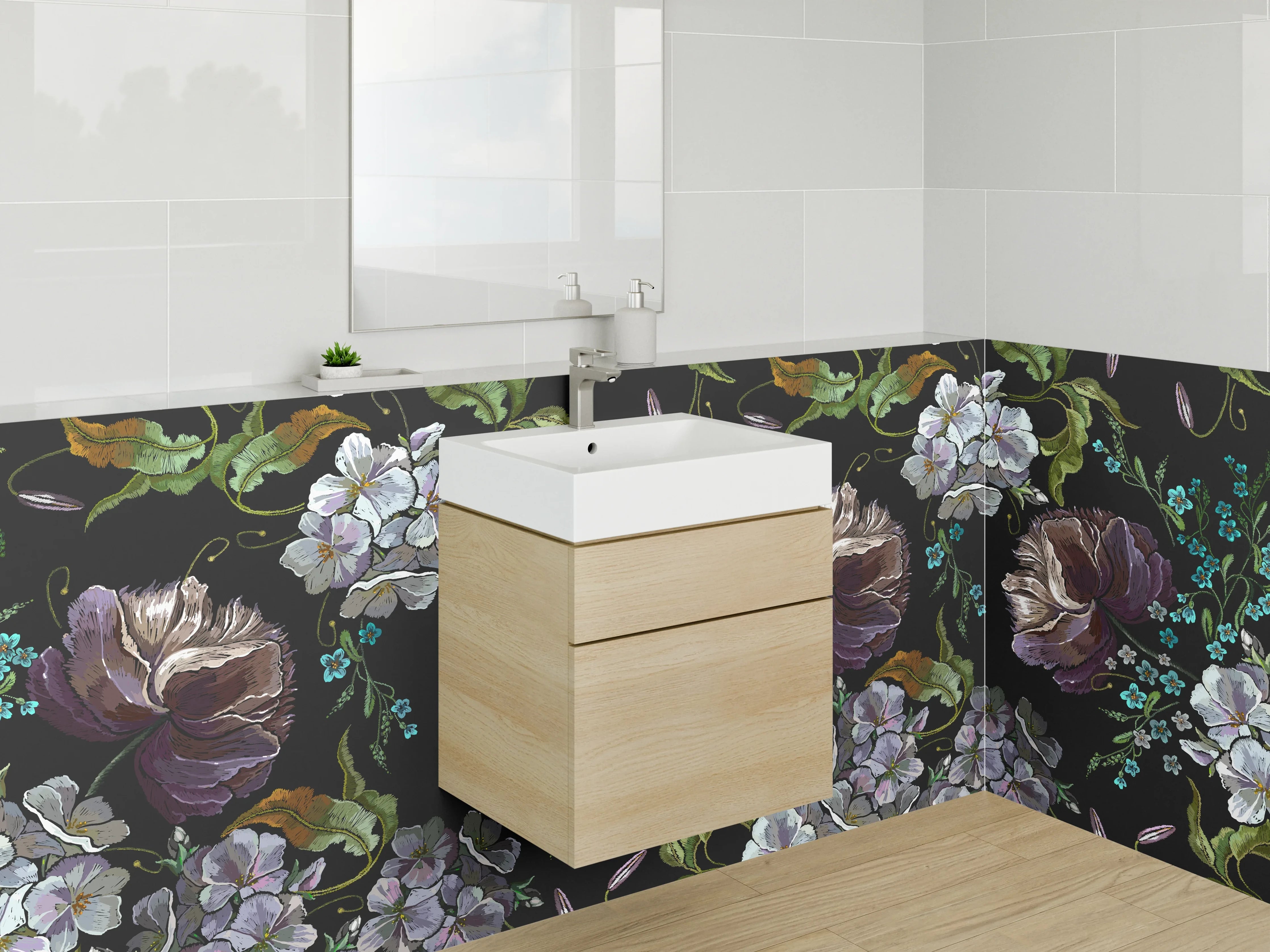 Waschbecken-Rückwand - Florale Kunst Blumen Schwarz
