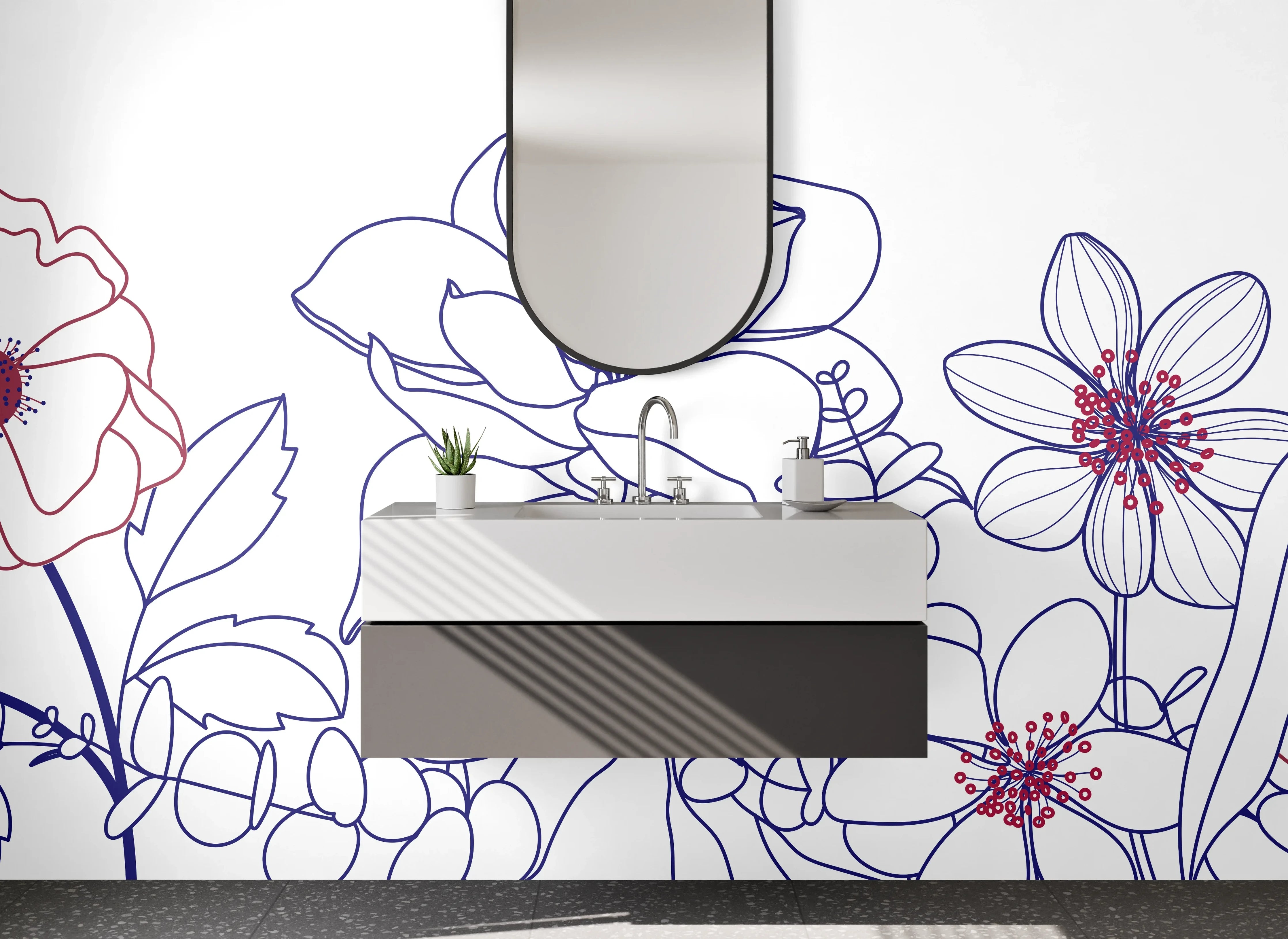 Waschbecken-Rückwand - Florale Lineart Blumenzeichnung
