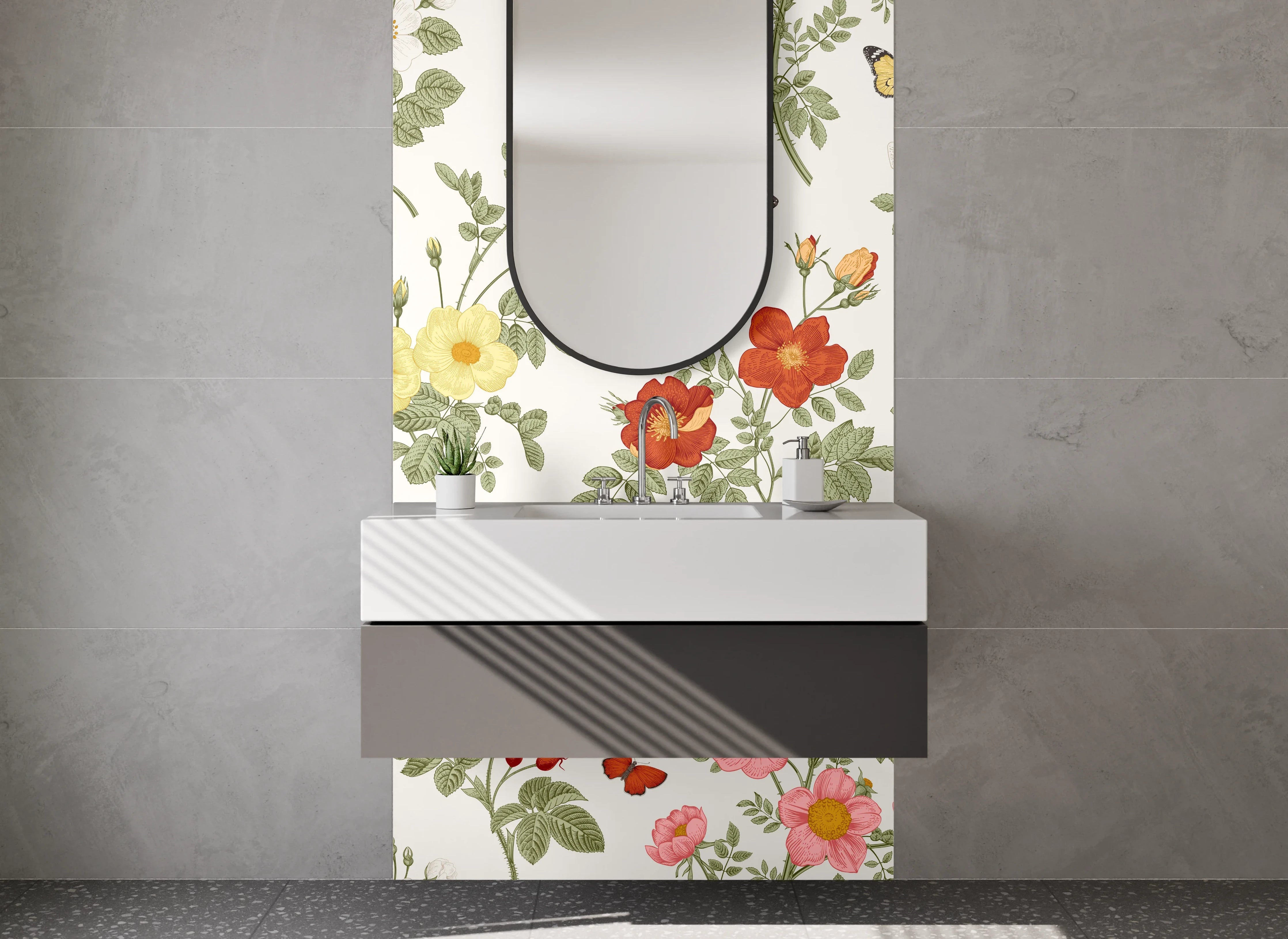 Waschbecken-Rückwand - Florale Muster Blumen und Schmetterlinge