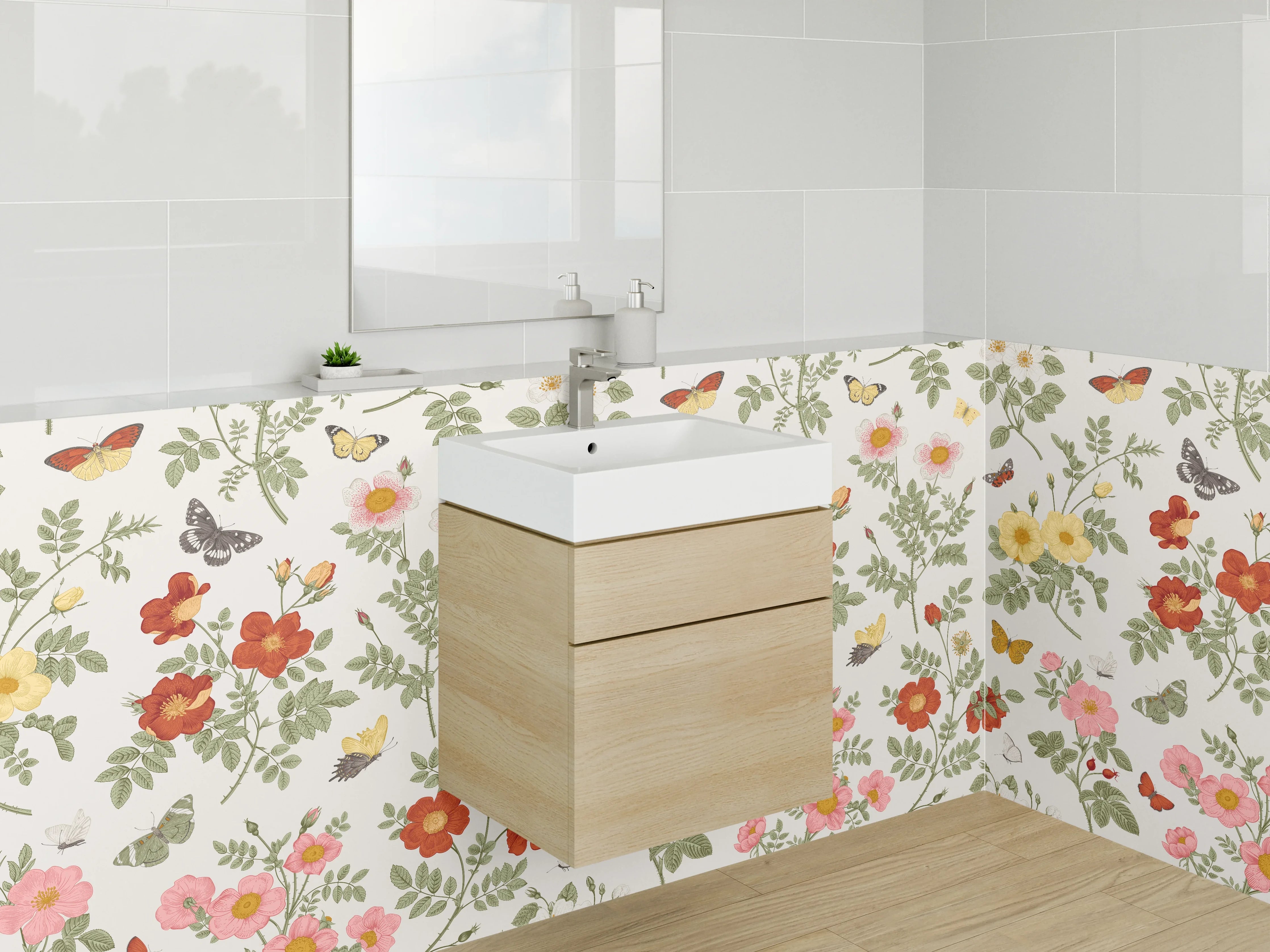 Waschbecken-Rückwand - Florale Muster Blumen und Schmetterlinge