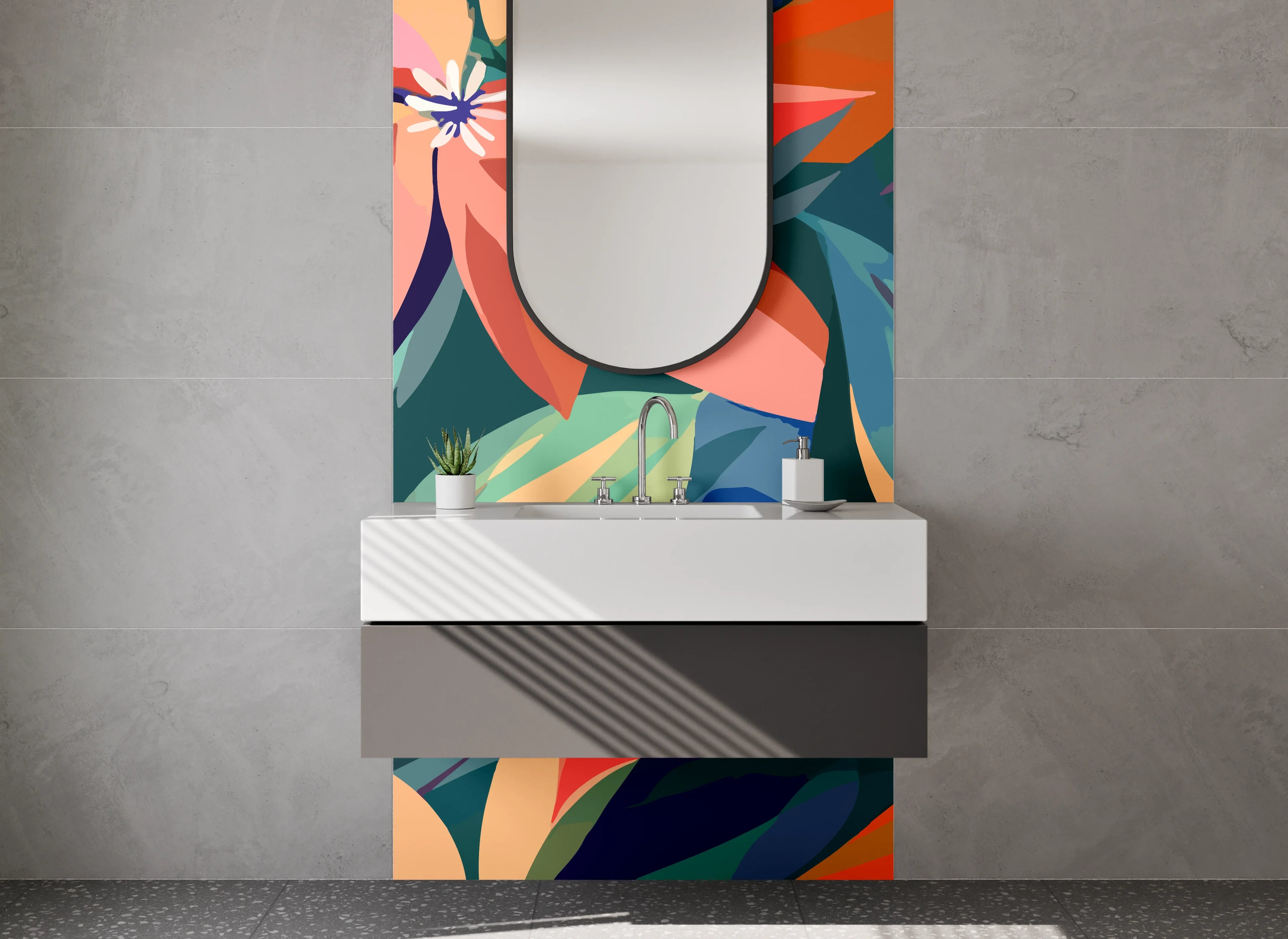 Waschbecken-Rückwand - Florale Retro-Illustration Orange Türkis Blau