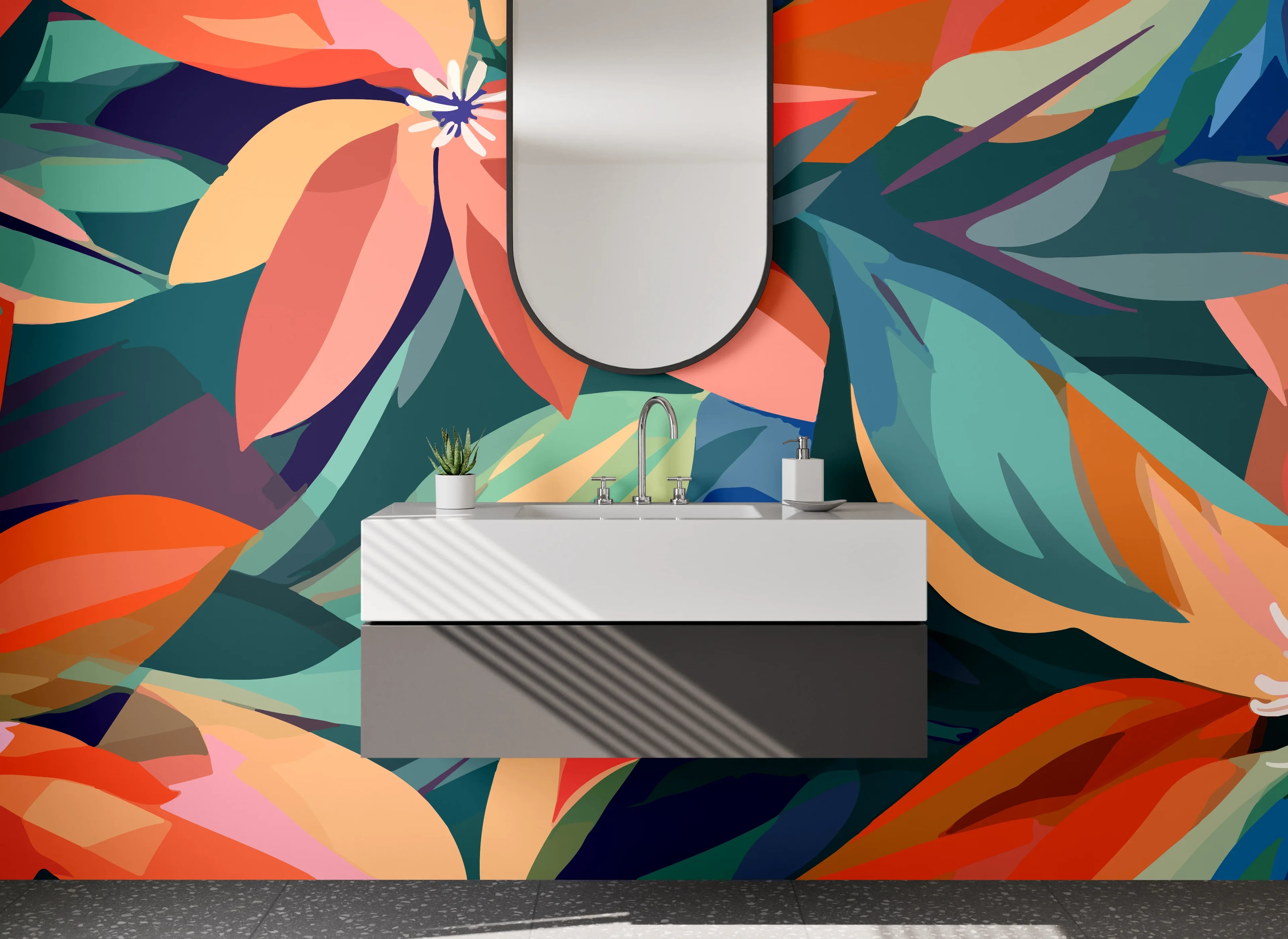 Waschbecken-Rückwand - Florale Retro-Illustration Orange Türkis Blau