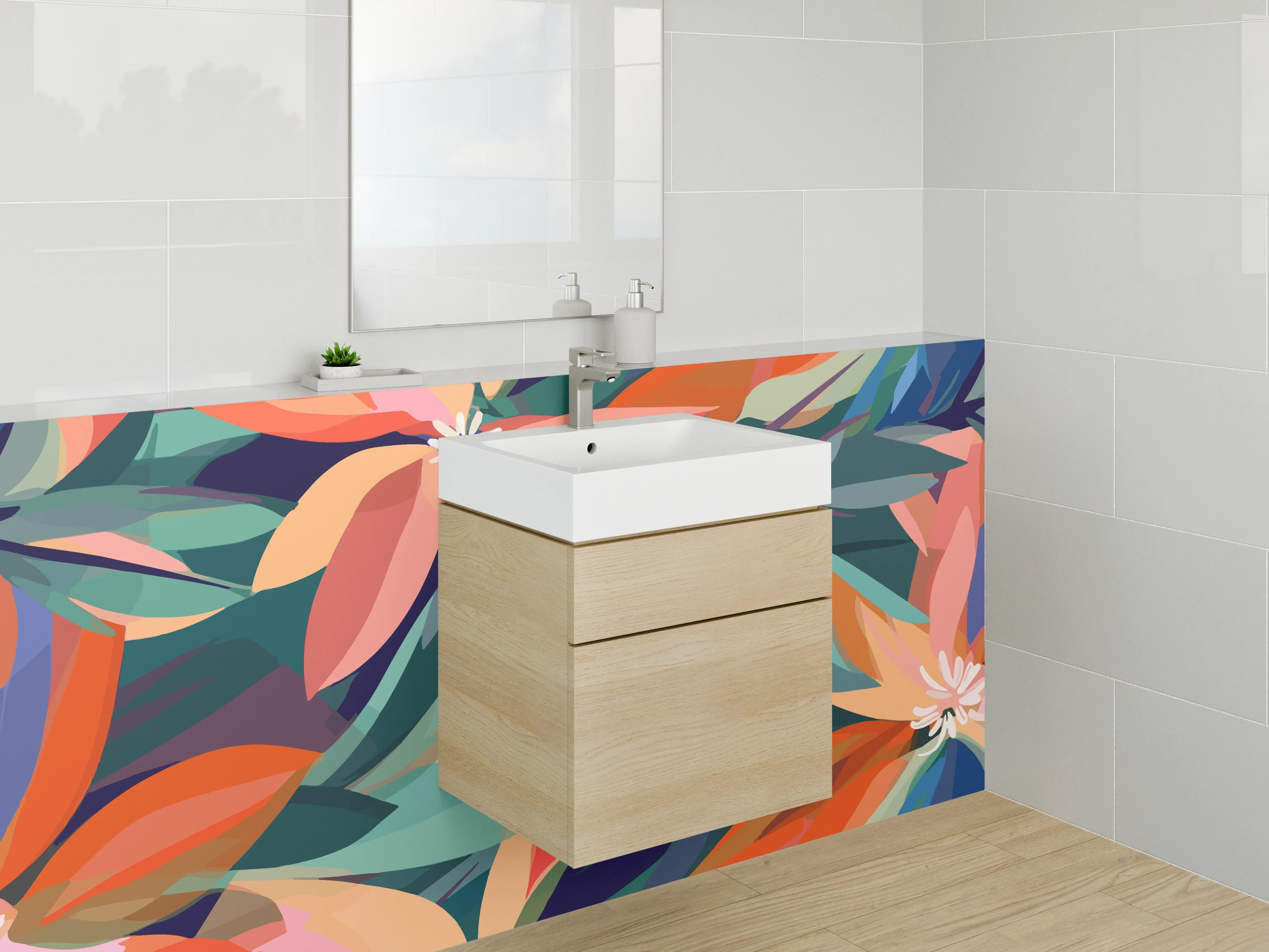 Waschbecken-Rückwand - Florale Retro-Illustration Orange Türkis Blau
