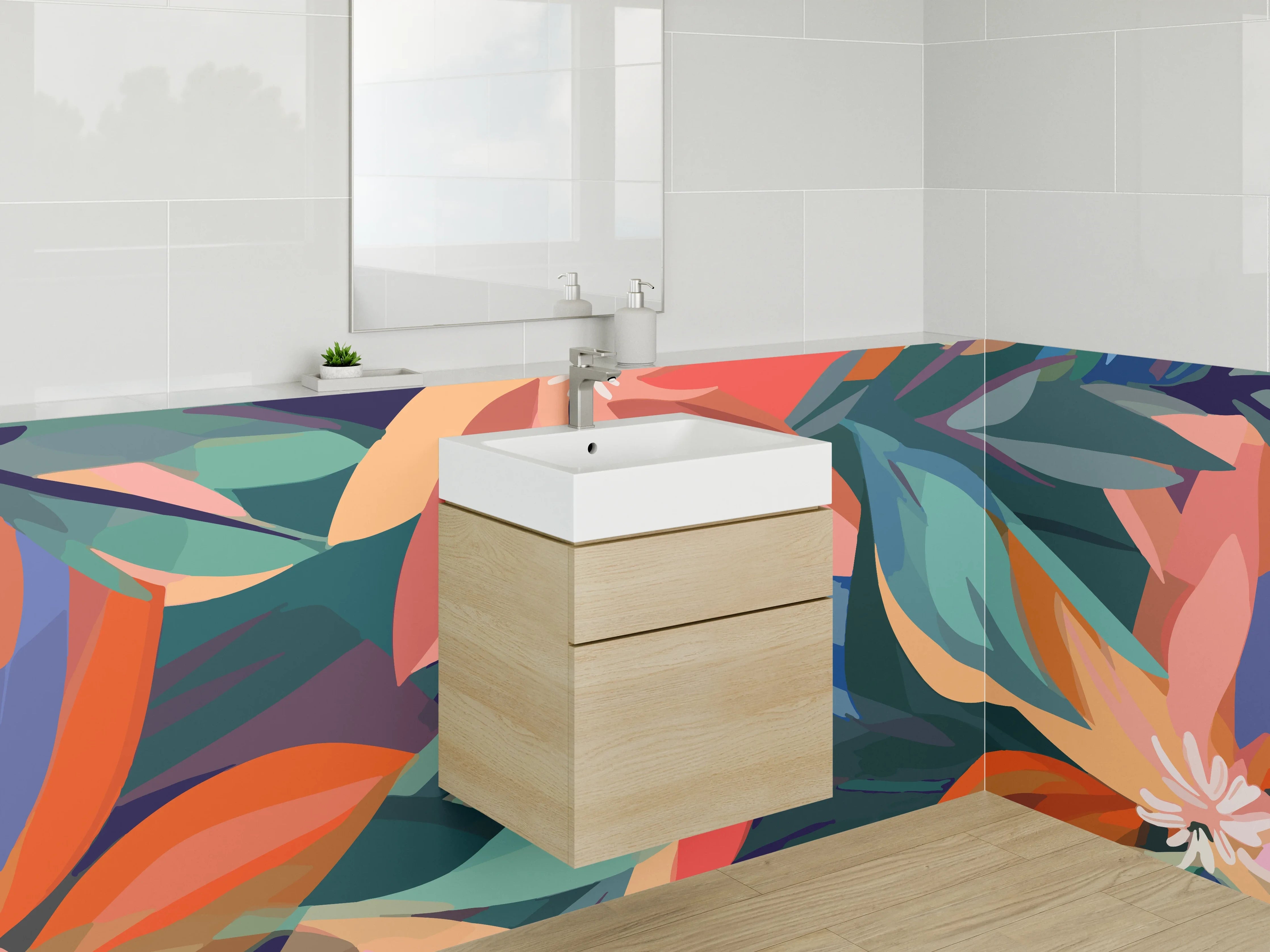 Waschbecken-Rückwand - Florale Retro-Illustration Orange Türkis Blau