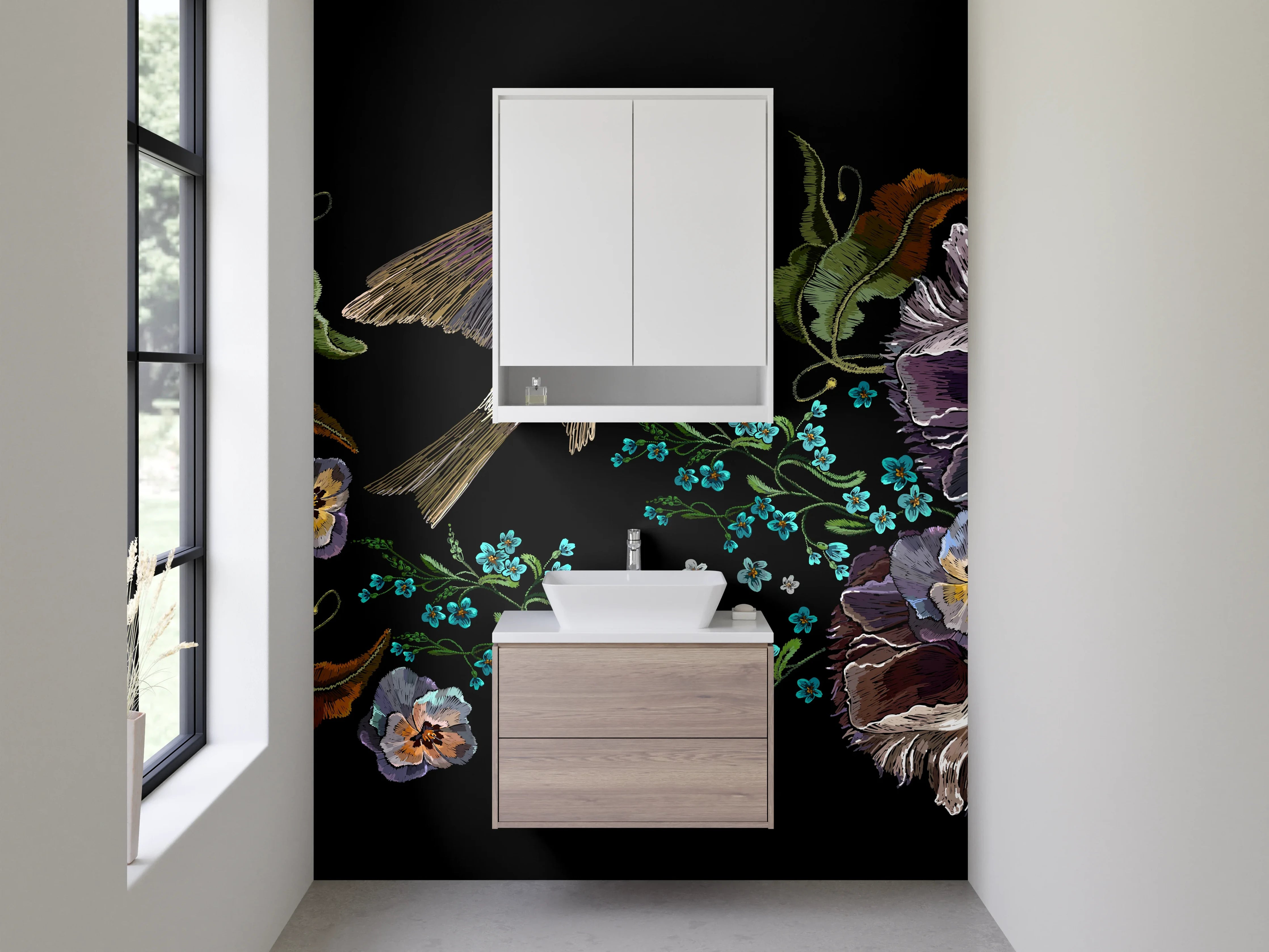 Waschbecken-Rückwand - Florale Stickerei mit Vogel – Kunstvoll