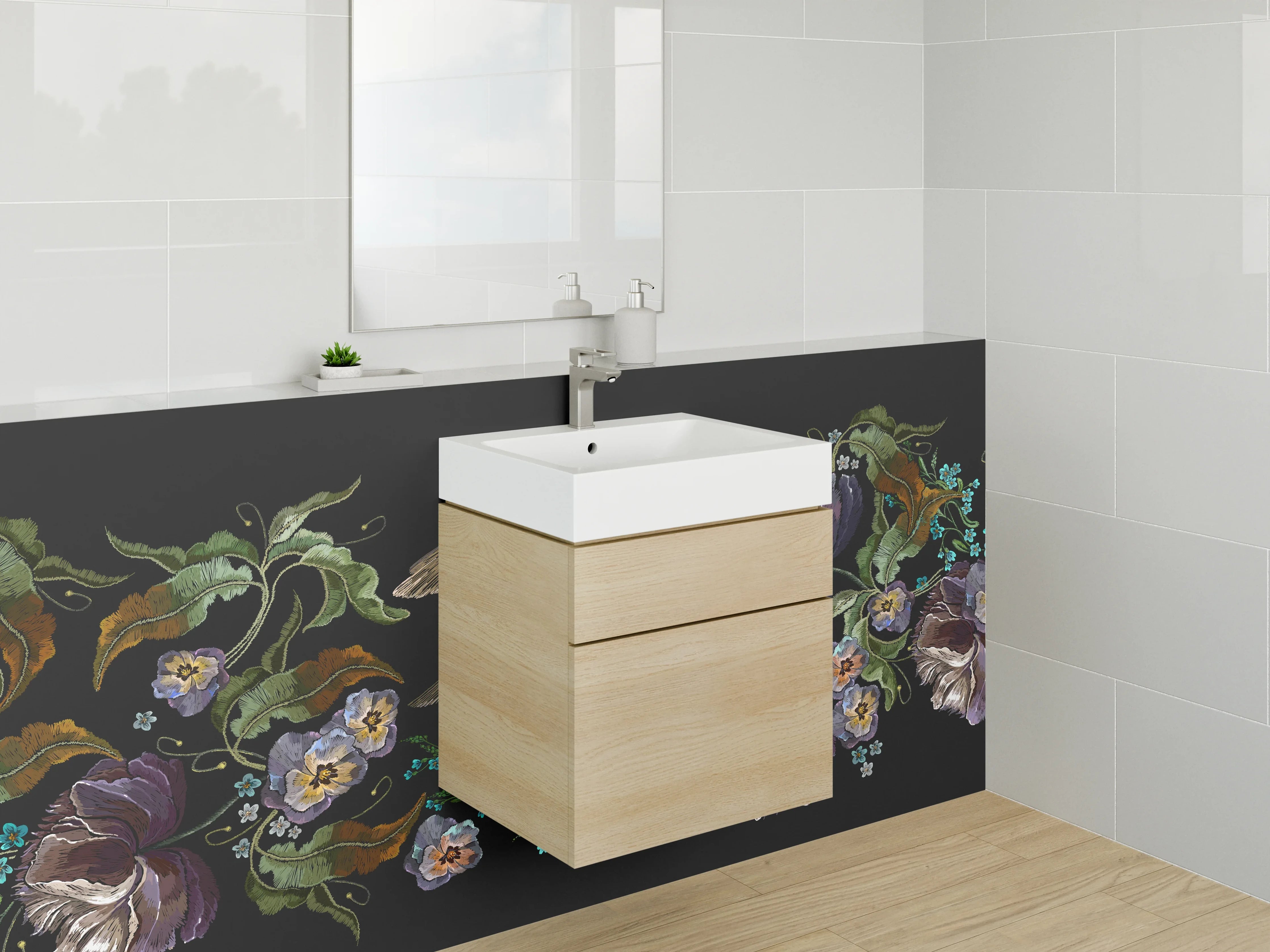 Waschbecken-Rückwand - Florale Stickerei mit Vogel – Kunstvoll