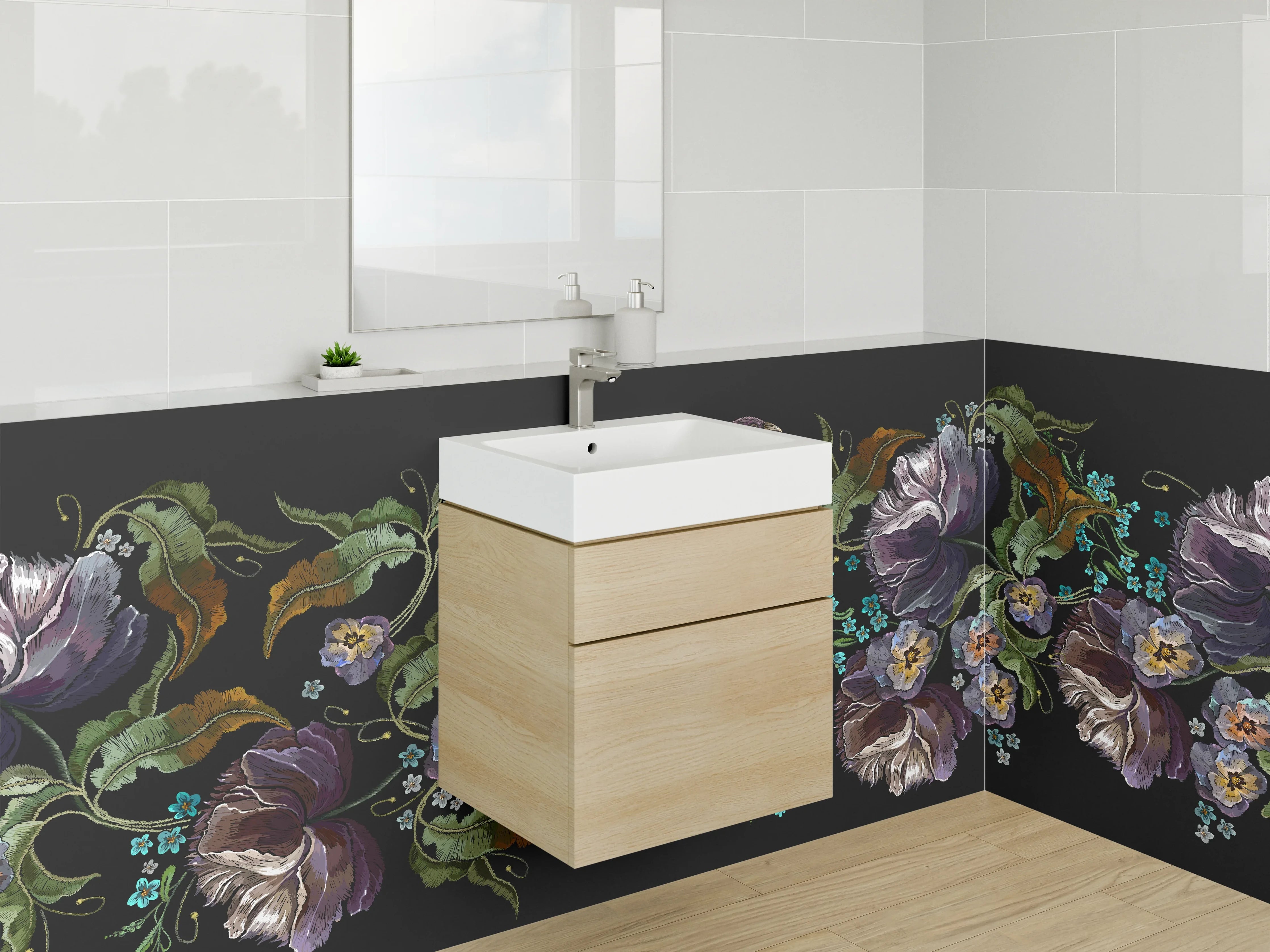 Waschbecken-Rückwand - Florale Stickerei mit Vogel – Kunstvoll