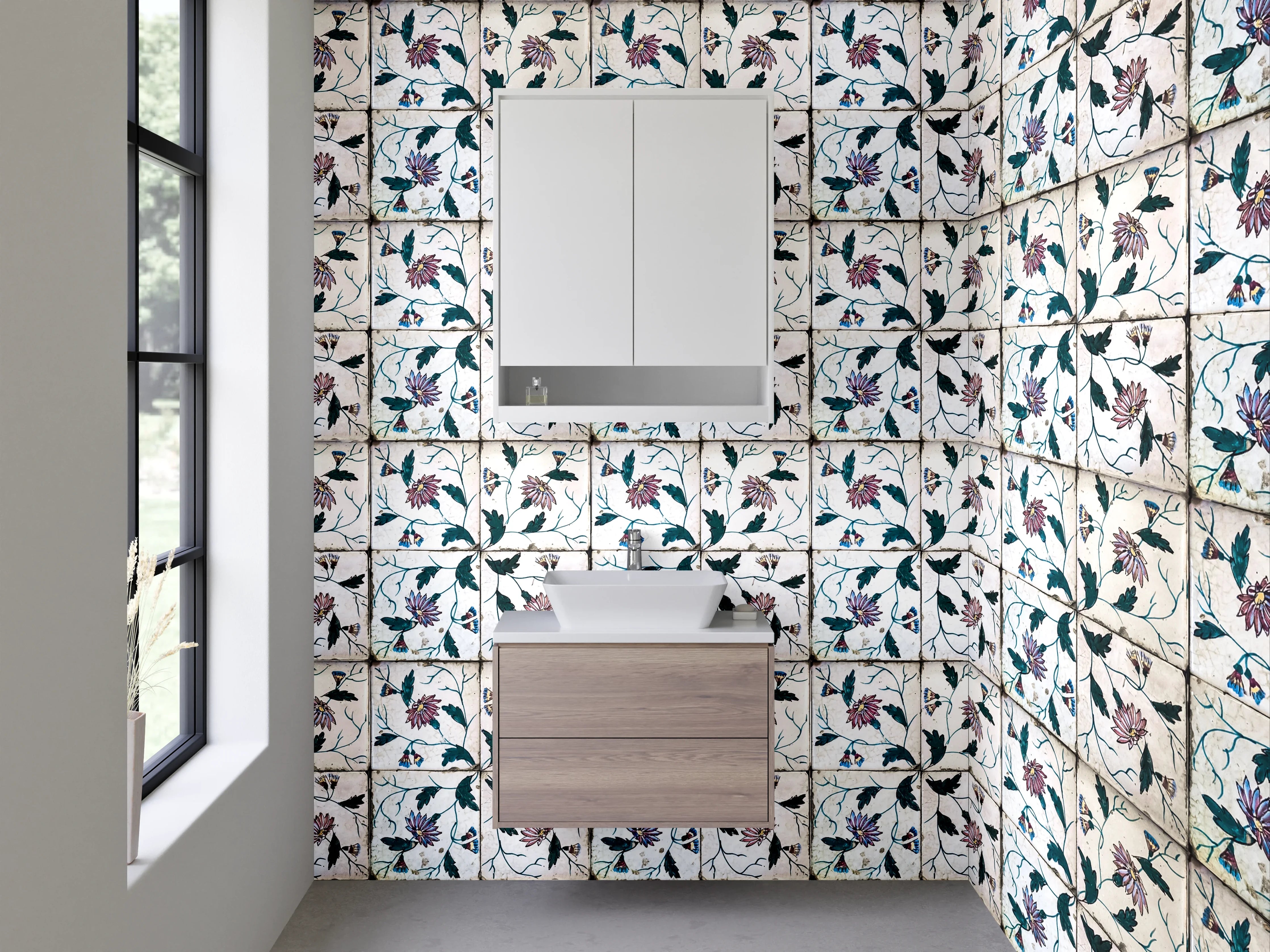 Waschbecken-Rückwand - Florale Vintage Fliesenmuster bunt