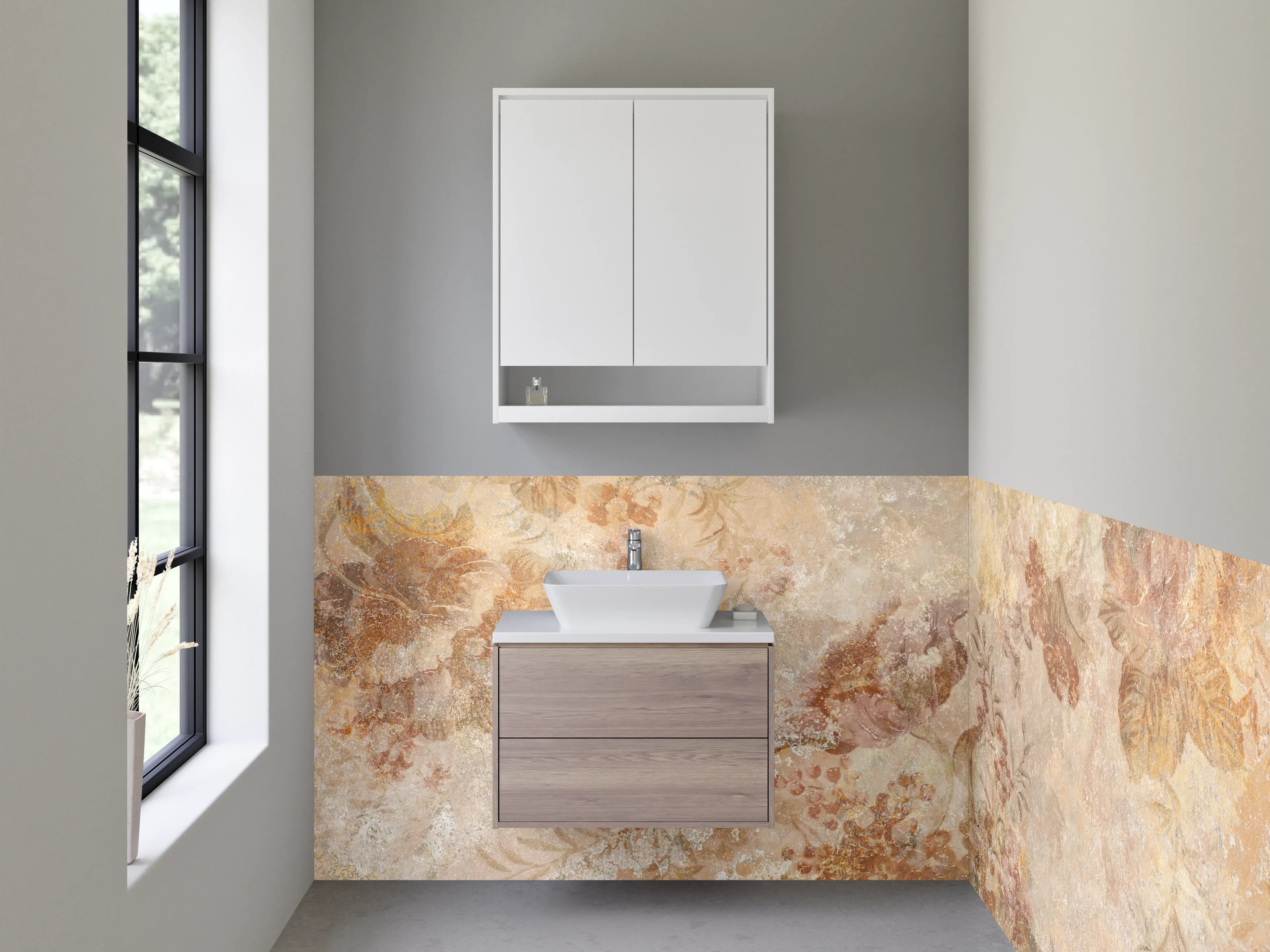 Waschbecken-Rückwand - Florale Vintage-Marmoroptik Beige