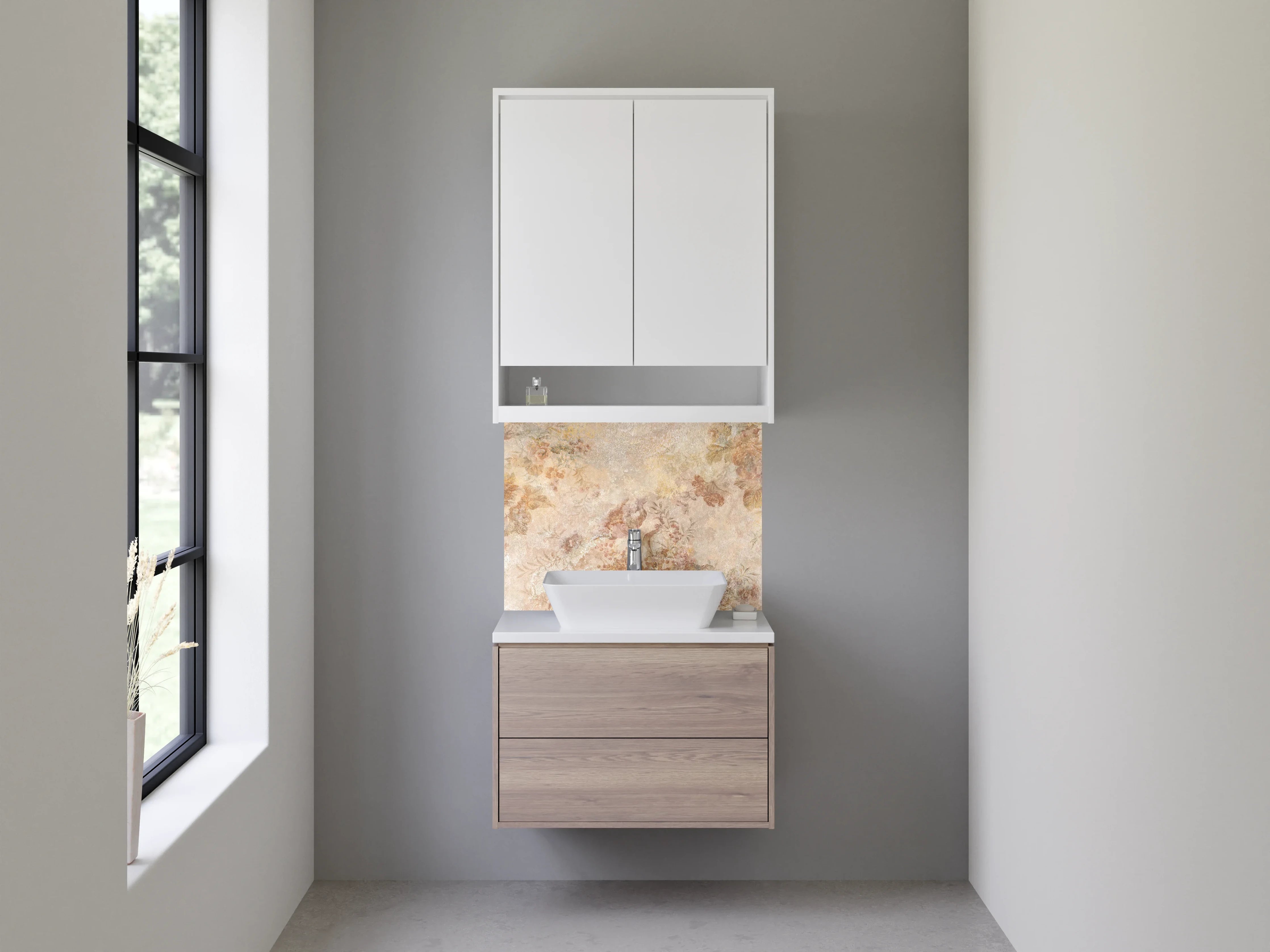 Waschbecken-Rückwand - Florale Vintage-Marmoroptik Beige