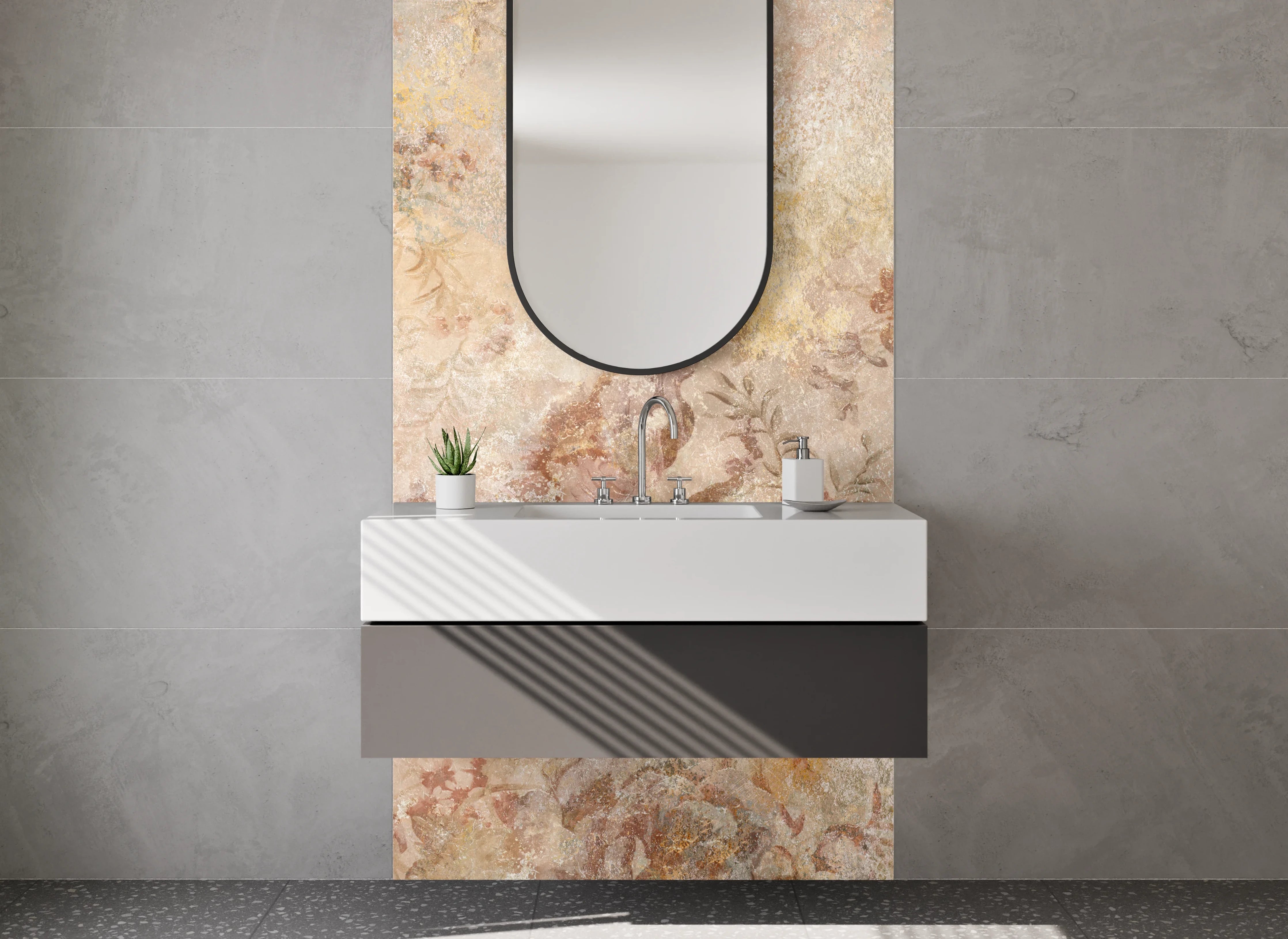 Waschbecken-Rückwand - Florale Vintage-Marmoroptik Beige