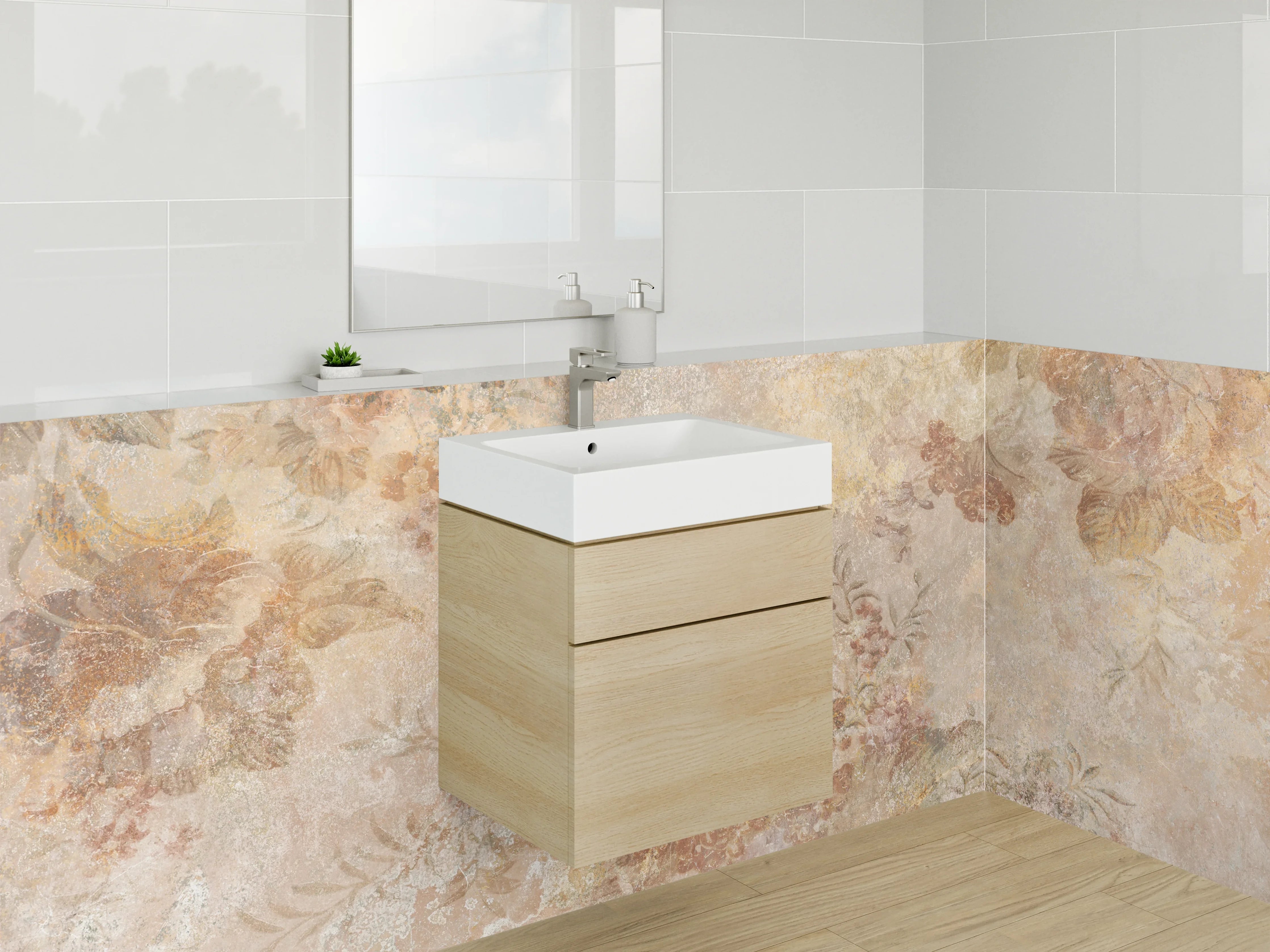 Waschbecken-Rückwand - Florale Vintage-Marmoroptik Beige