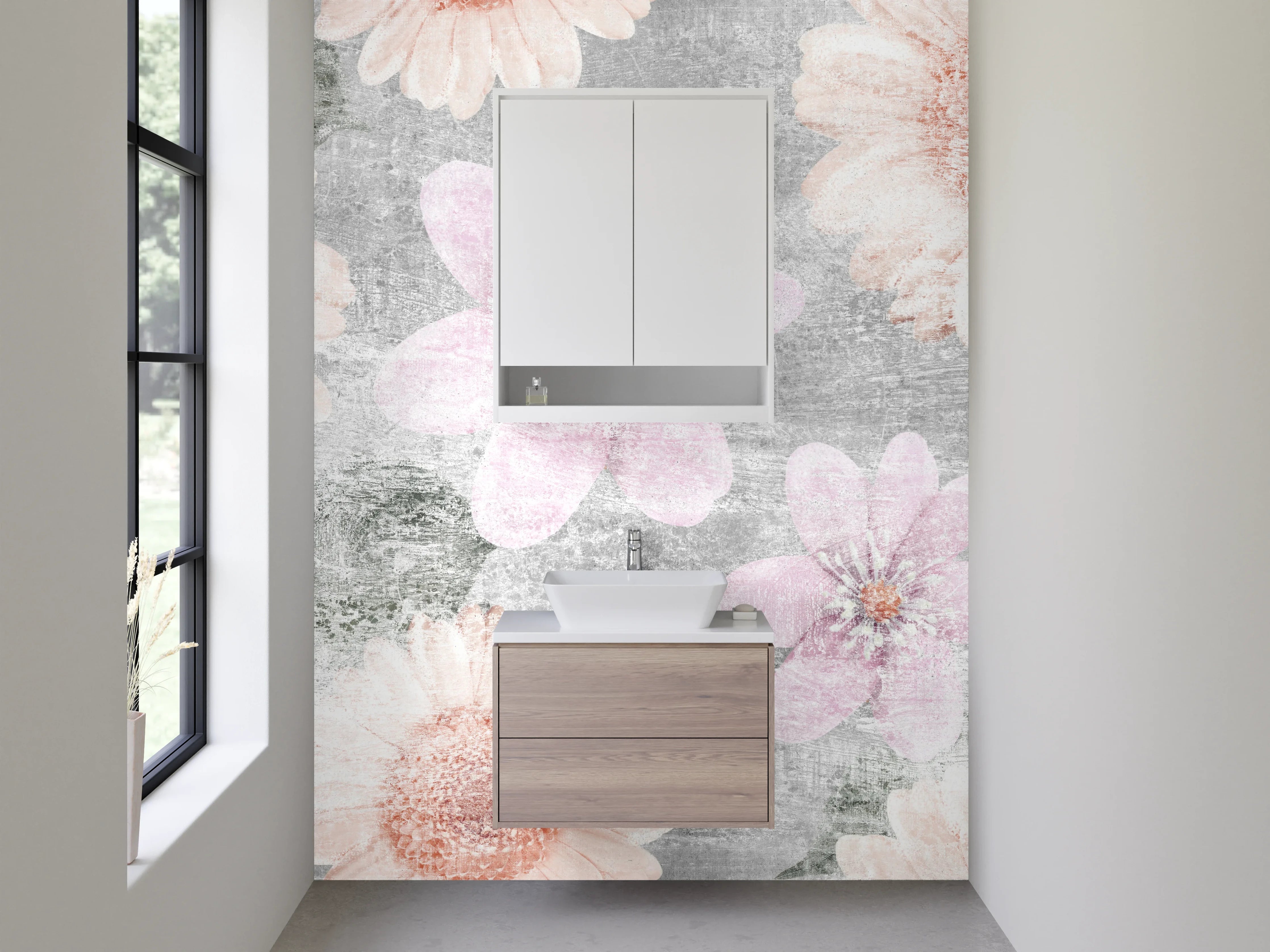 Waschbecken-Rückwand - Florale Vintage-Optik auf Weiß-Grau