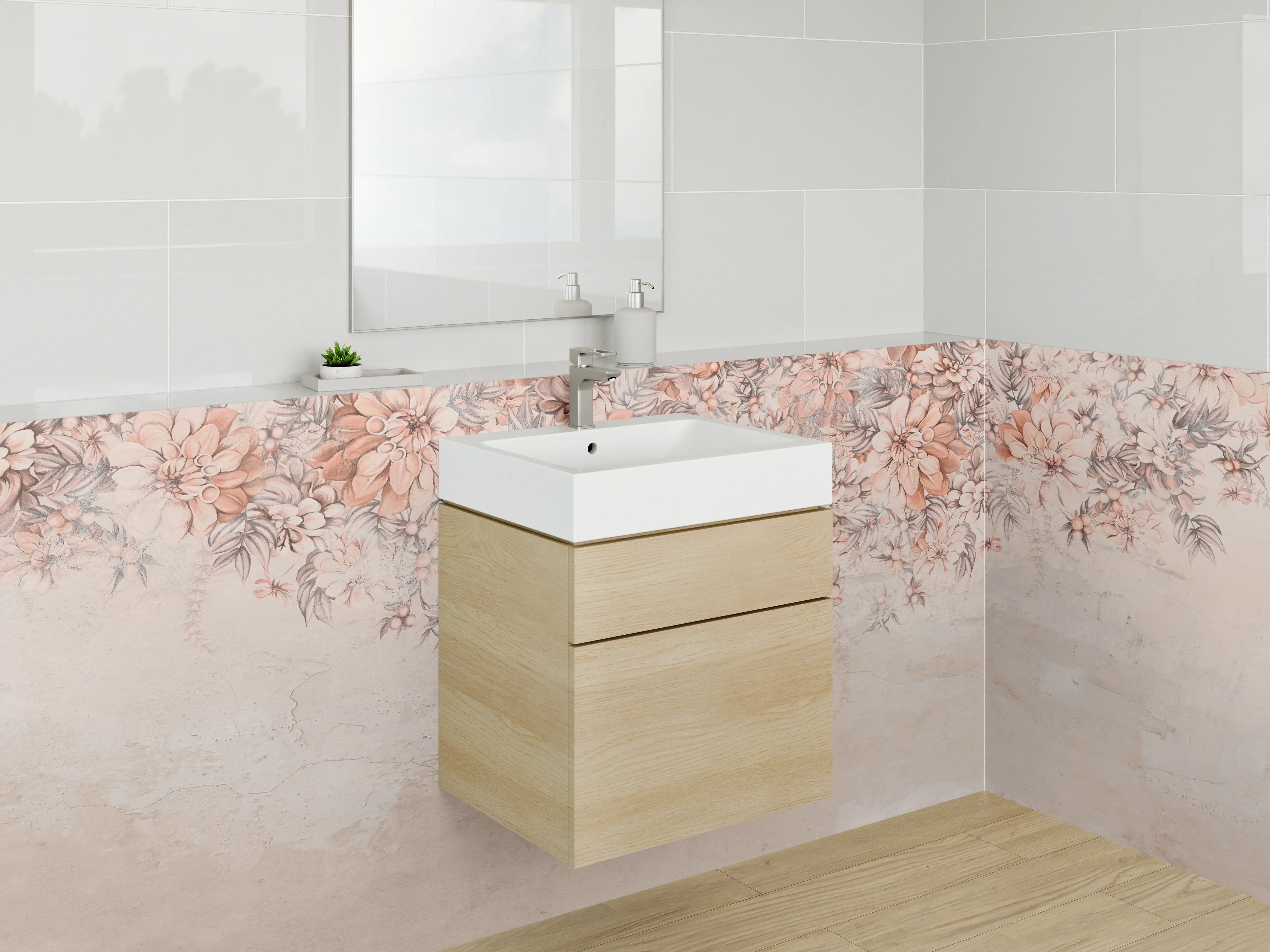 Waschbecken-Rückwand - Florales Aquarell Beige Blüten