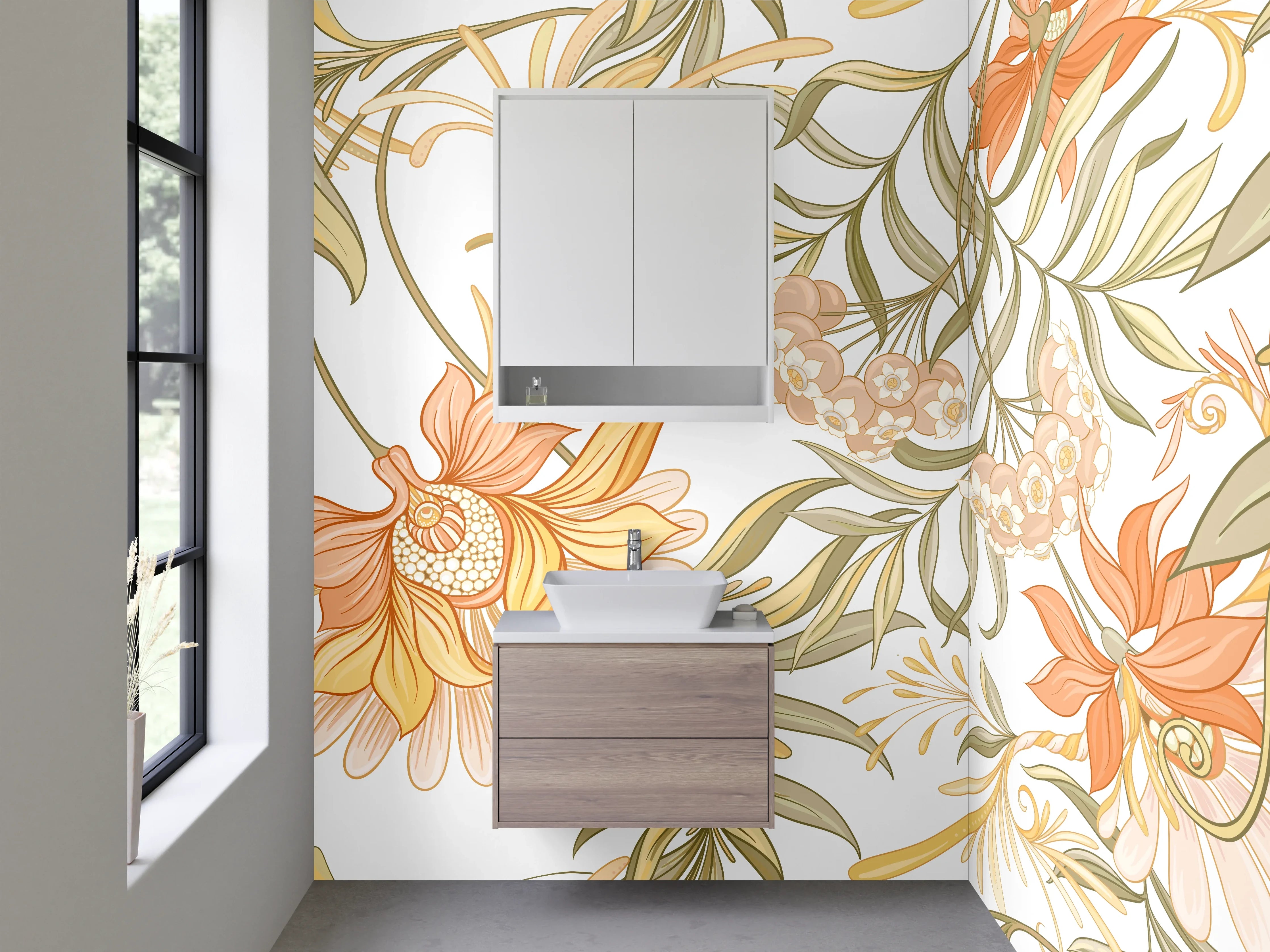 Waschbecken-Rückwand - Florales Aquarell Ornament Beige Orange