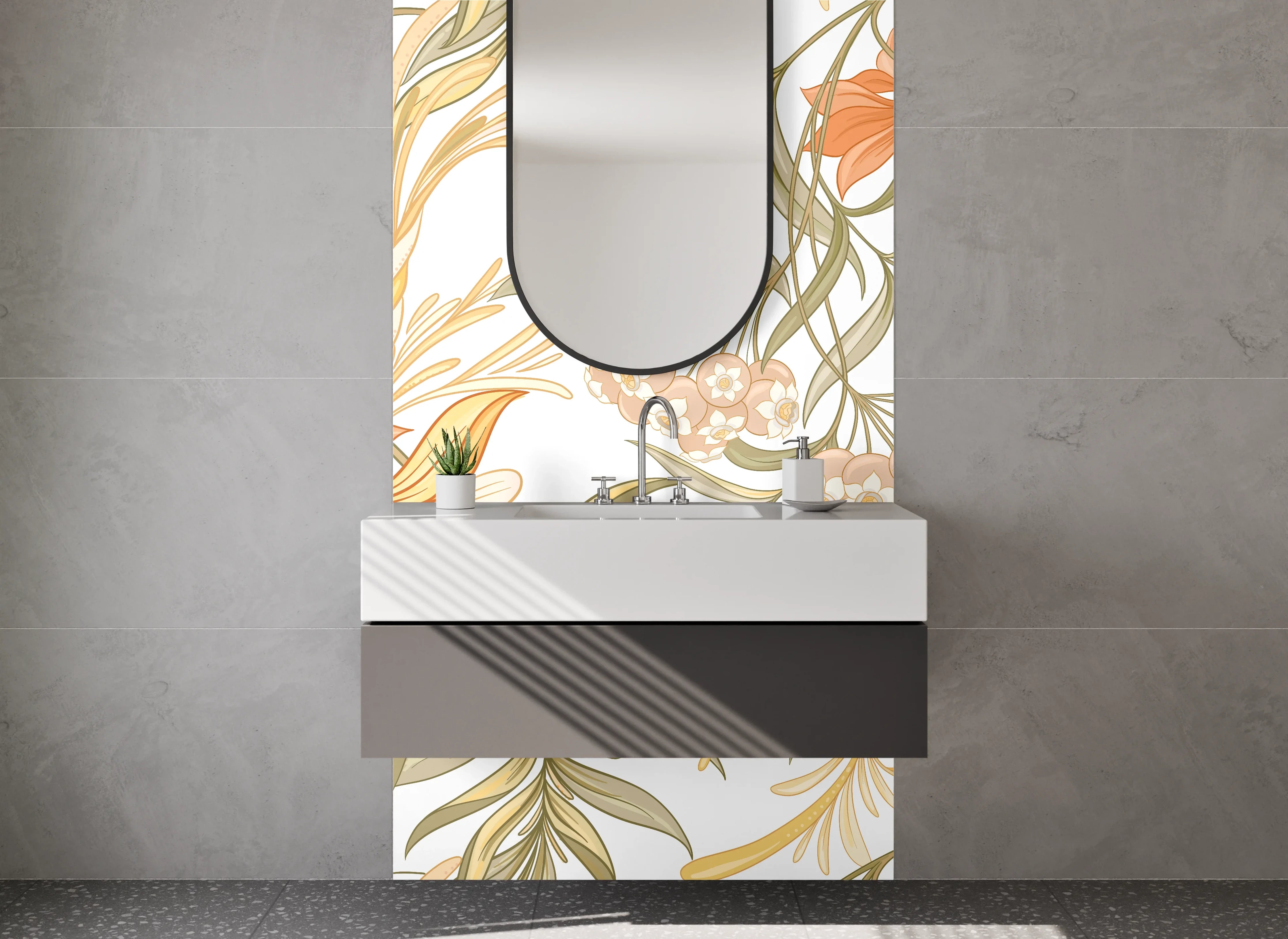 Waschbecken-Rückwand - Florales Aquarell Ornament Beige Orange