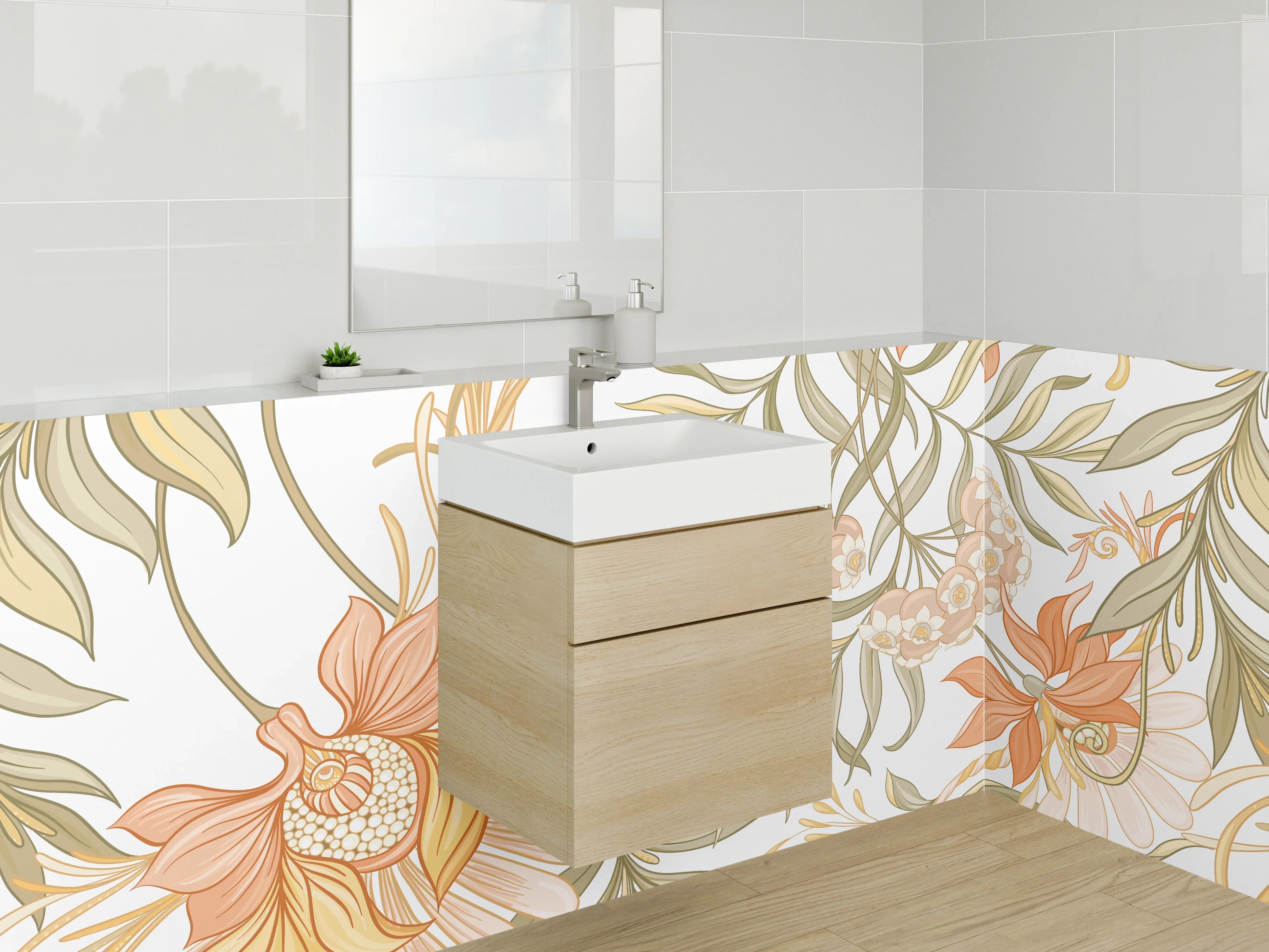 Waschbecken-Rückwand - Florales Aquarell Ornament Beige Orange
