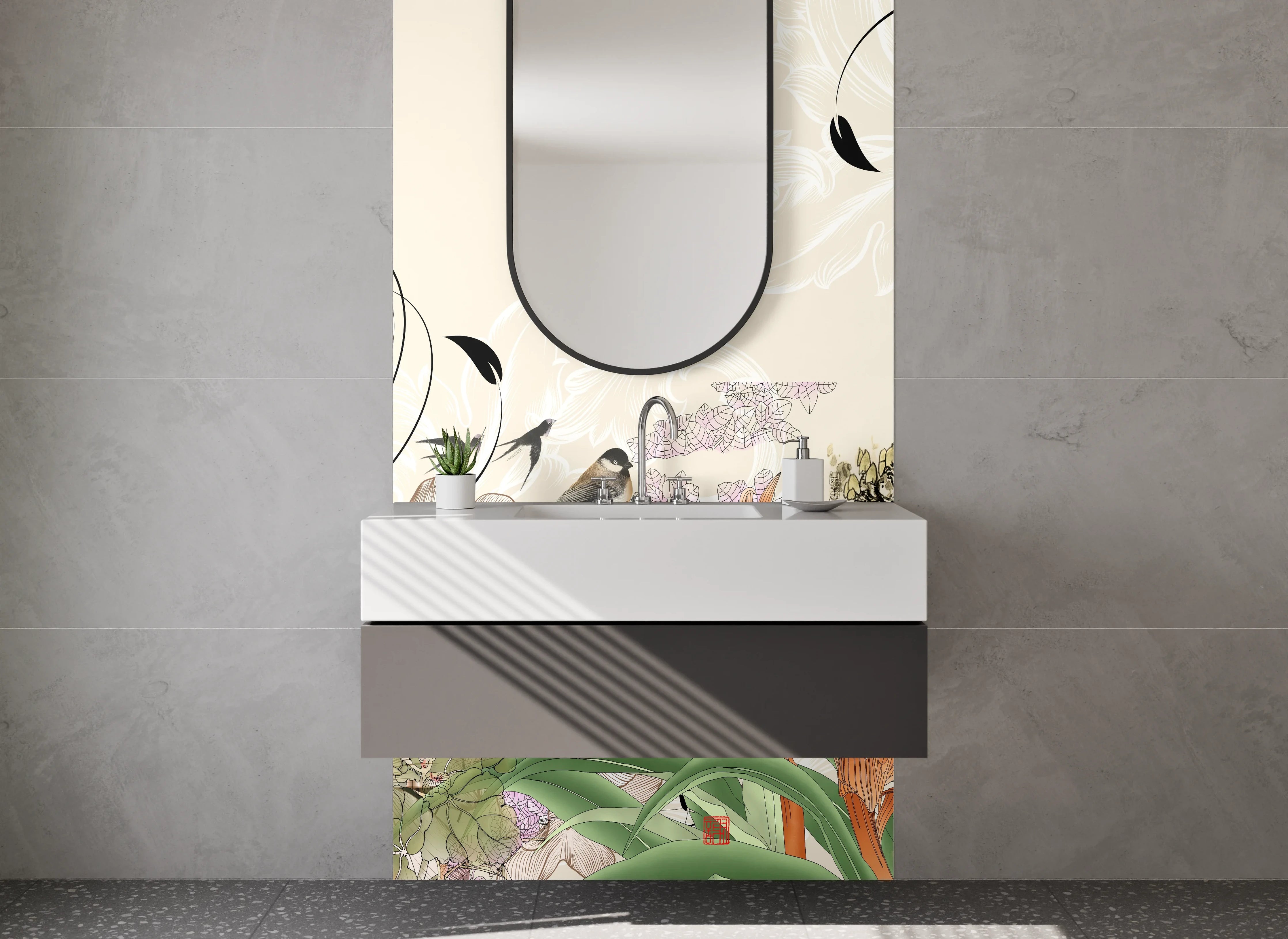 Waschbecken-Rückwand - Florales Aquarell mit Vogel – Pastellfarben