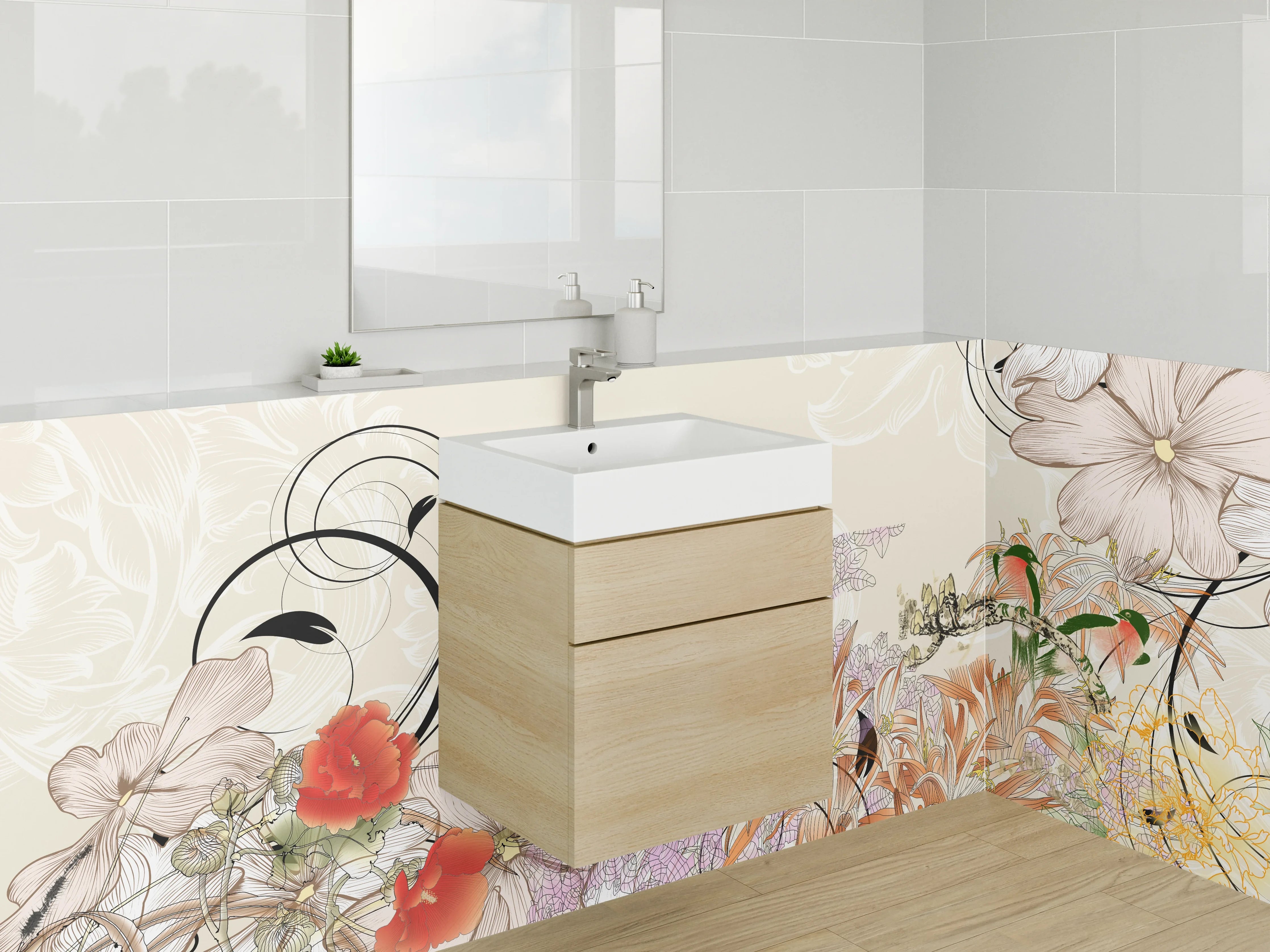 Waschbecken-Rückwand - Florales Aquarell mit Vogel – Pastellfarben