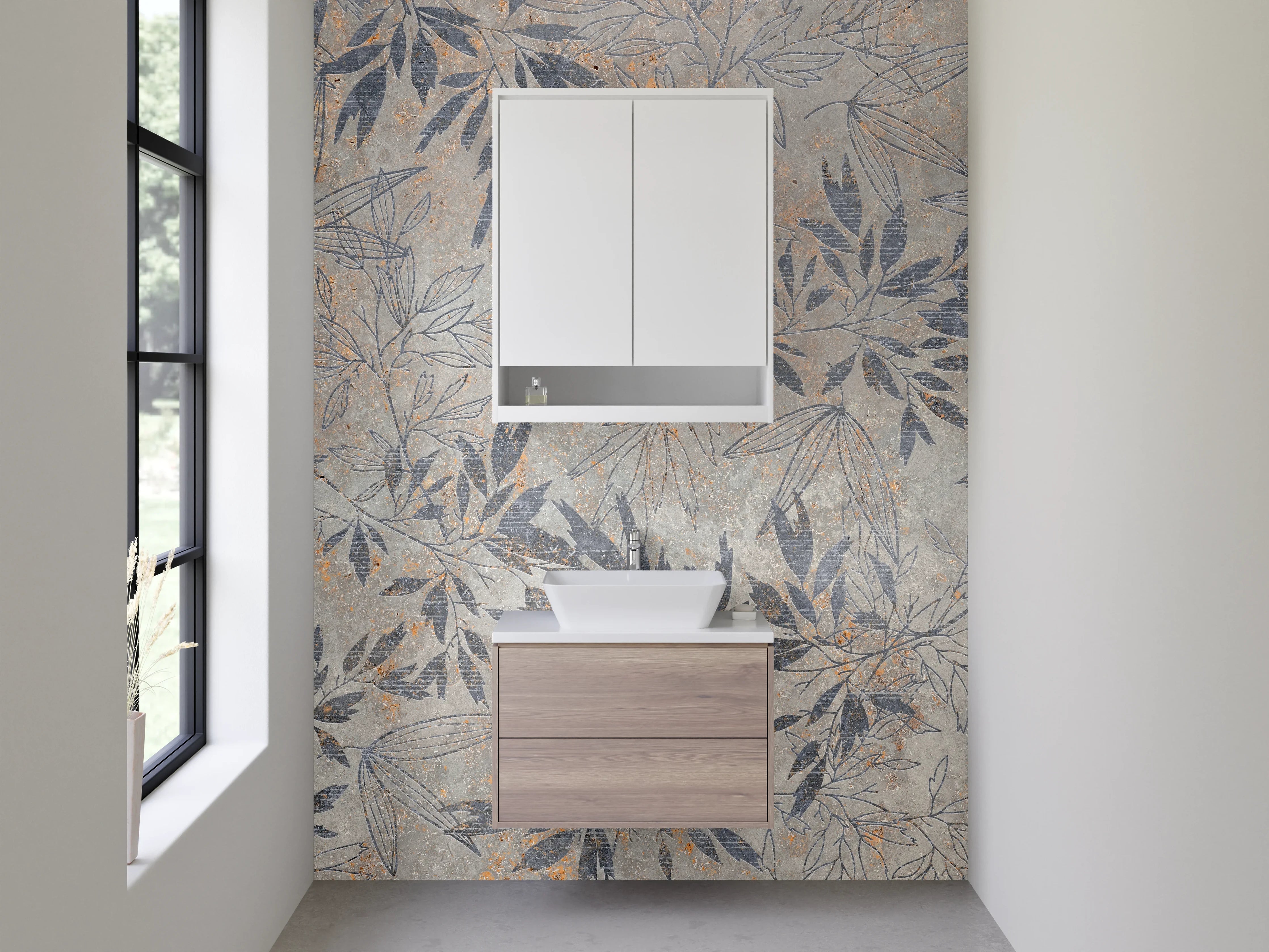 Waschbecken-Rückwand - Florales Blättermotiv auf Stein-Optik
