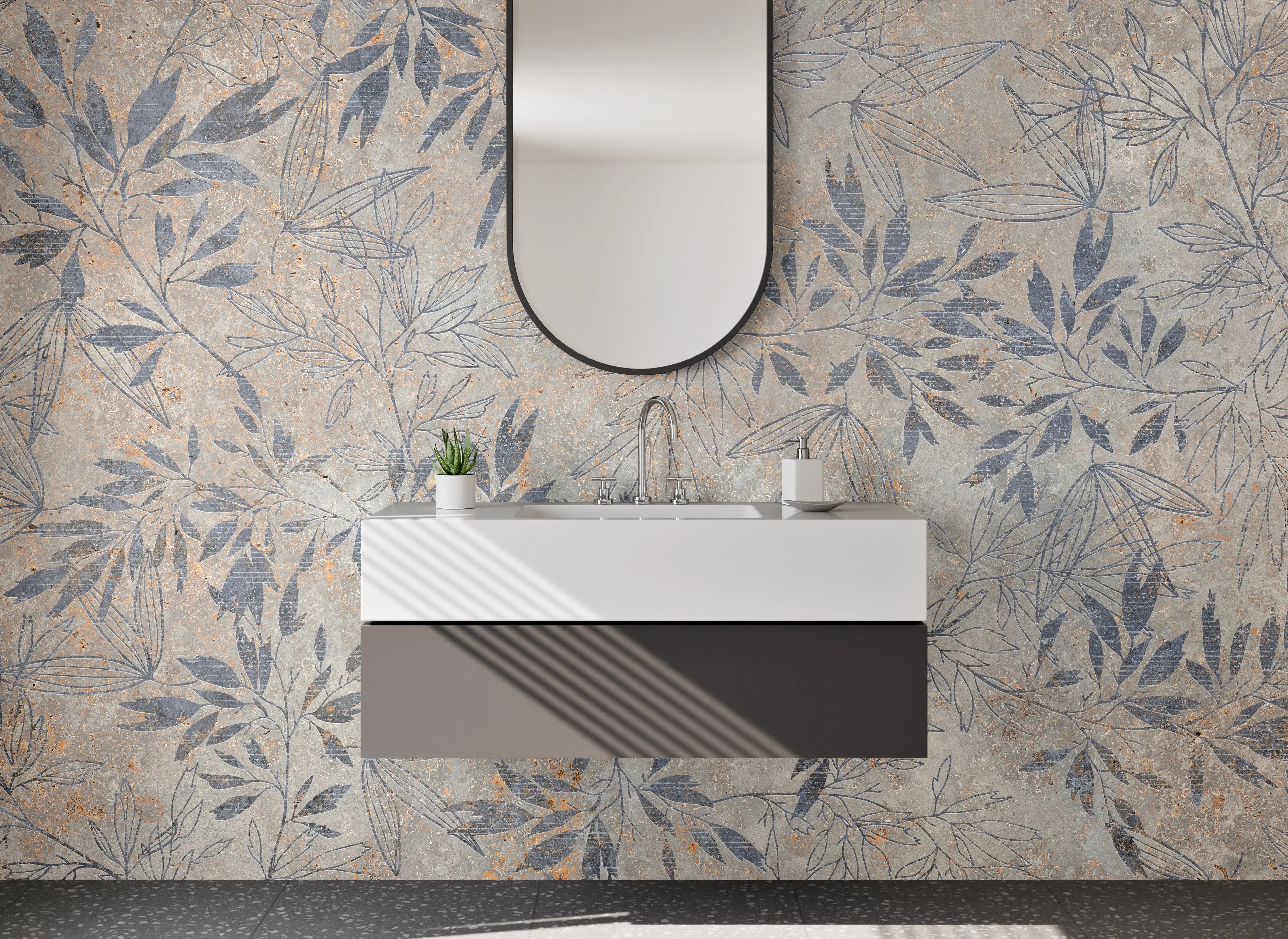 Waschbecken-Rückwand - Florales Blättermotiv auf Stein-Optik
