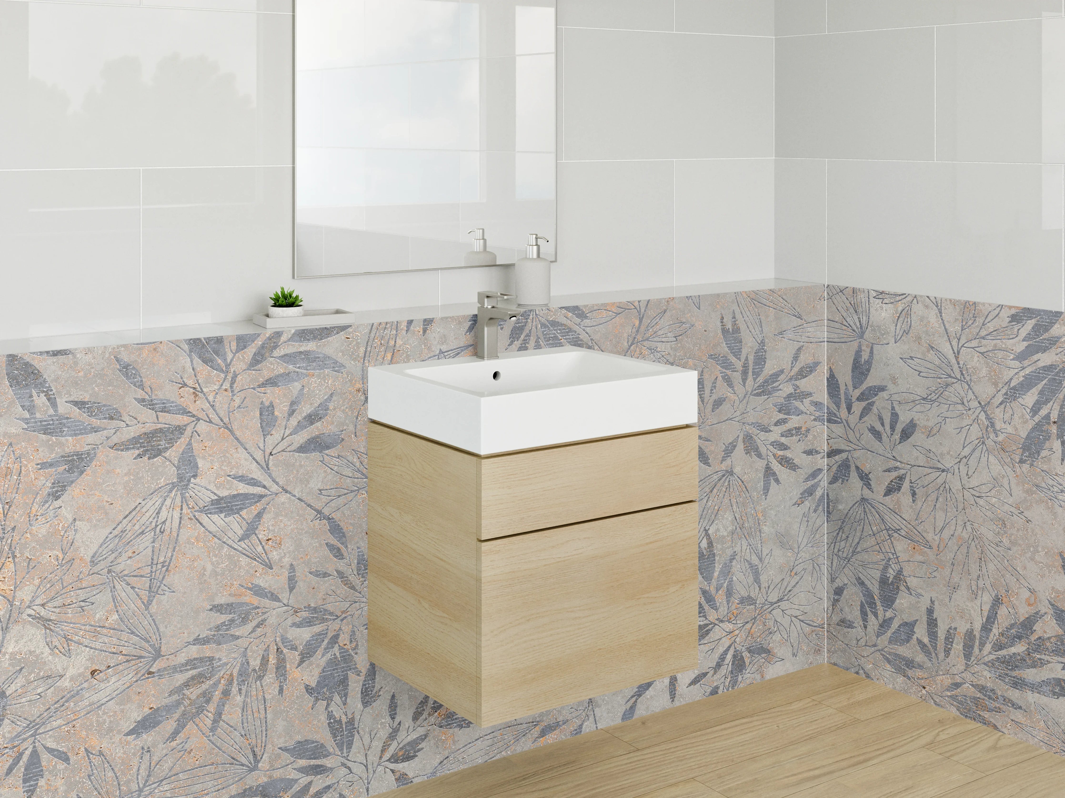Waschbecken-Rückwand - Florales Blättermotiv auf Stein-Optik