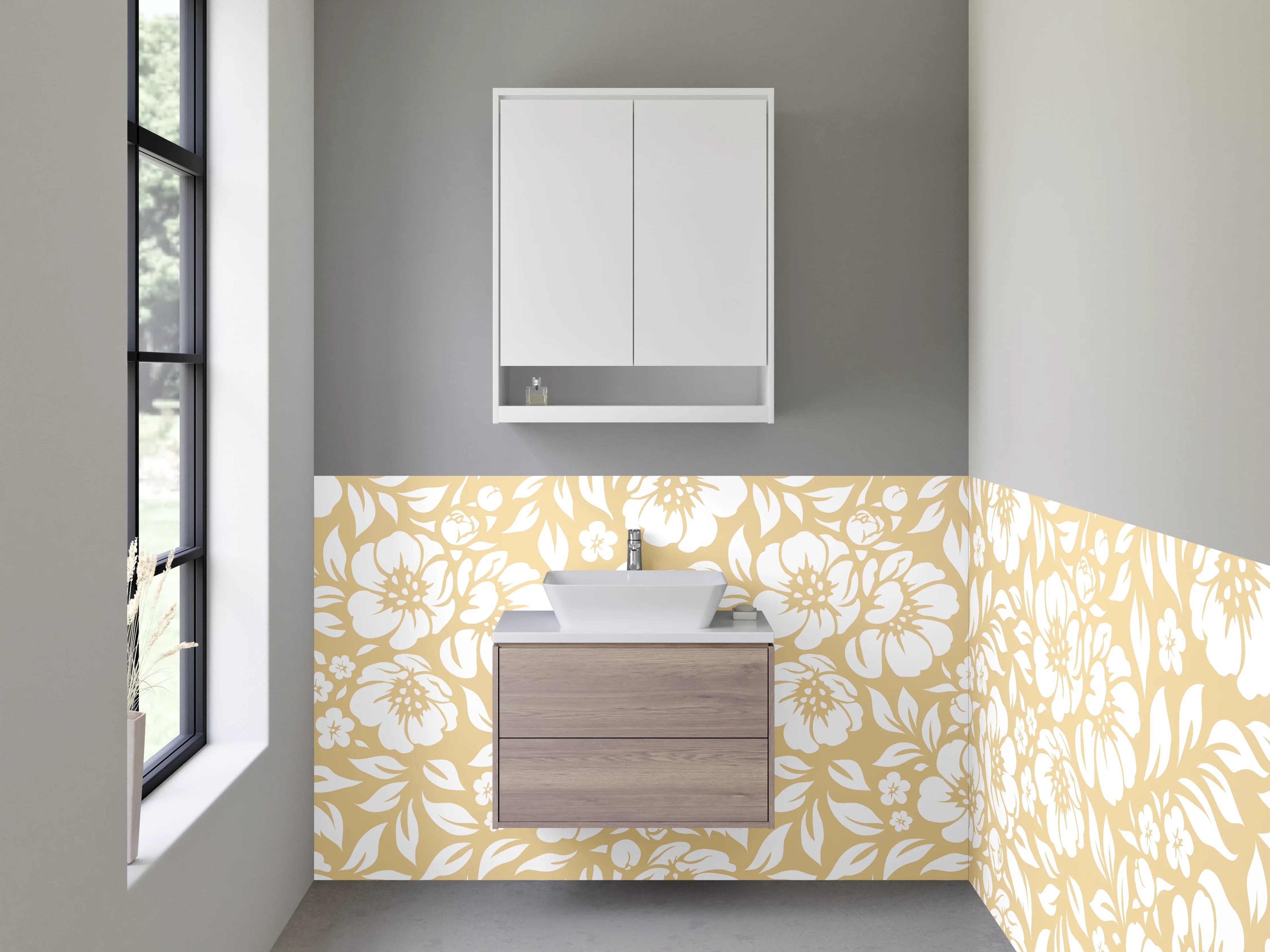Waschbecken-Rückwand - Florales Blütenmuster Beige Weiß