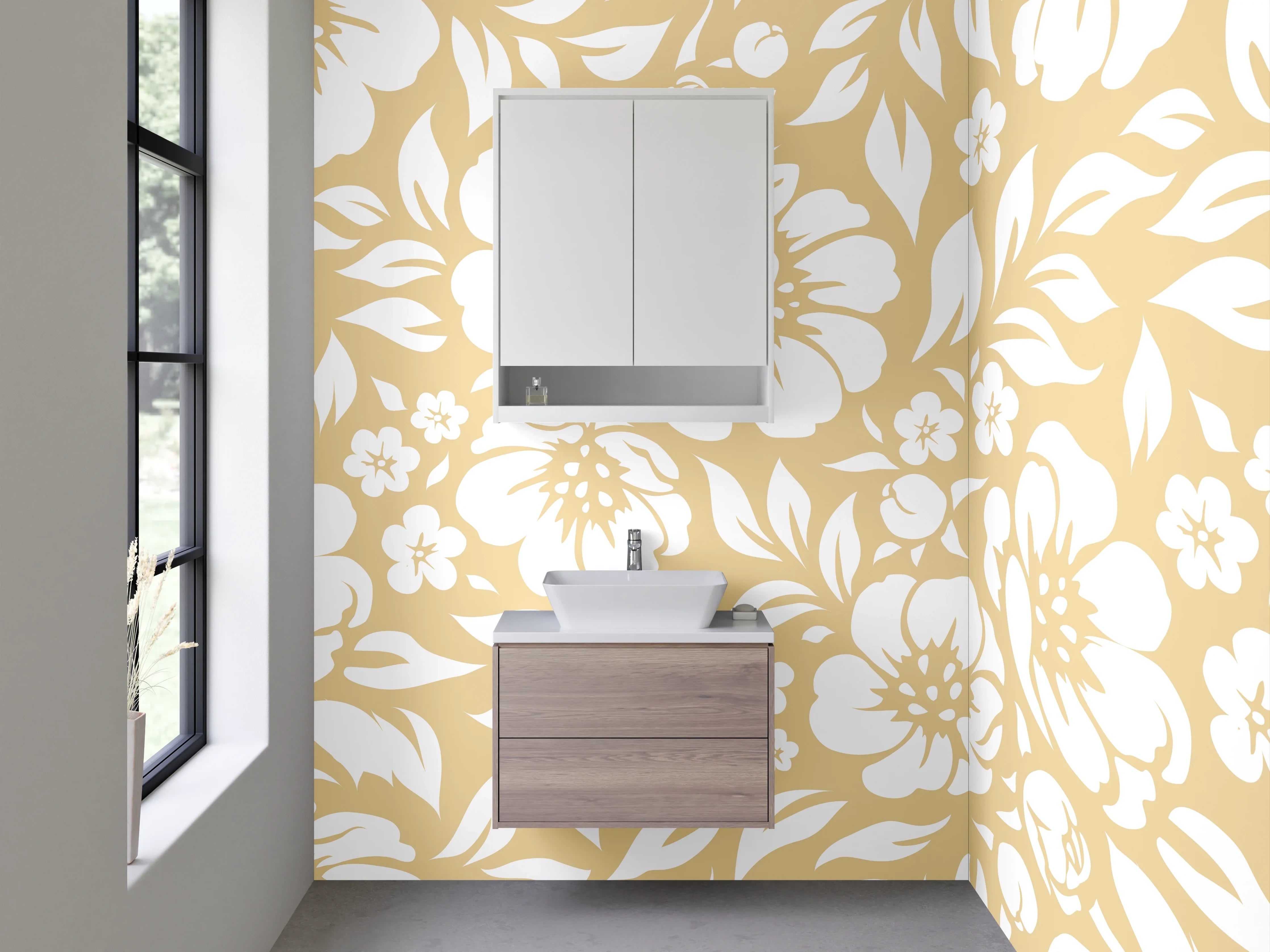 Waschbecken-Rückwand - Florales Blütenmuster Beige Weiß