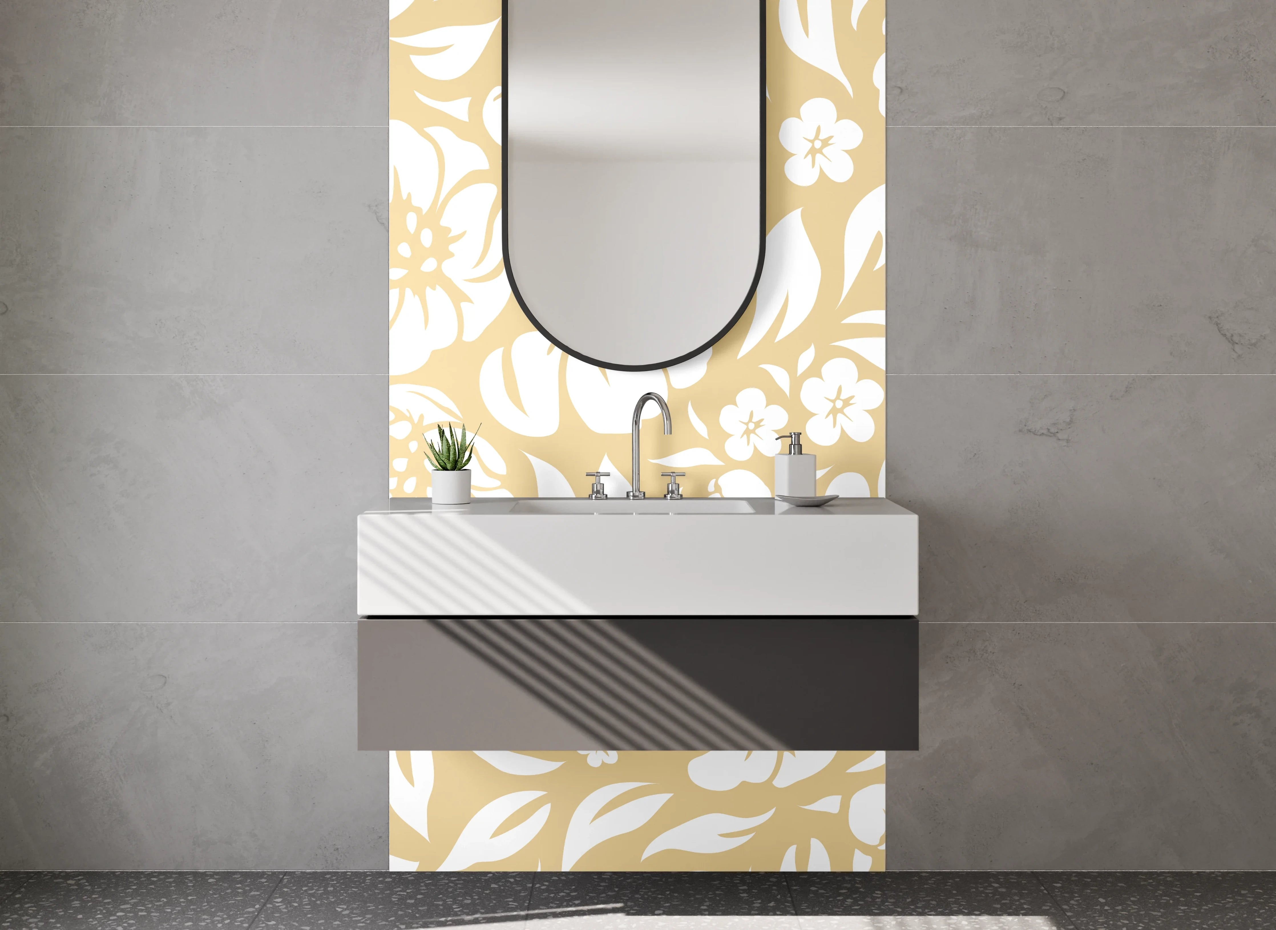 Waschbecken-Rückwand - Florales Blütenmuster Beige Weiß